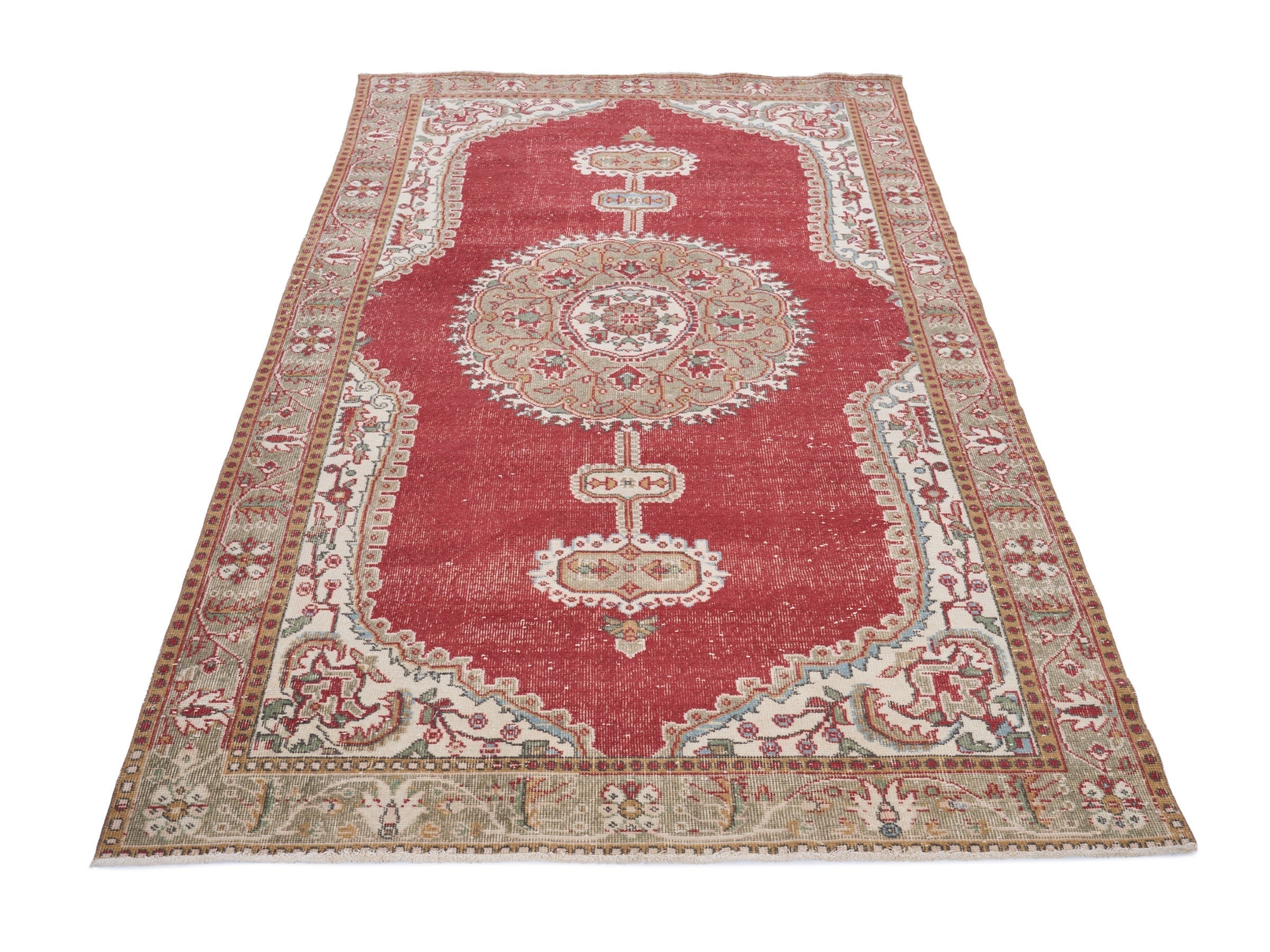 Turkish Isparta area rug in deep red and cream, view 2 of 9