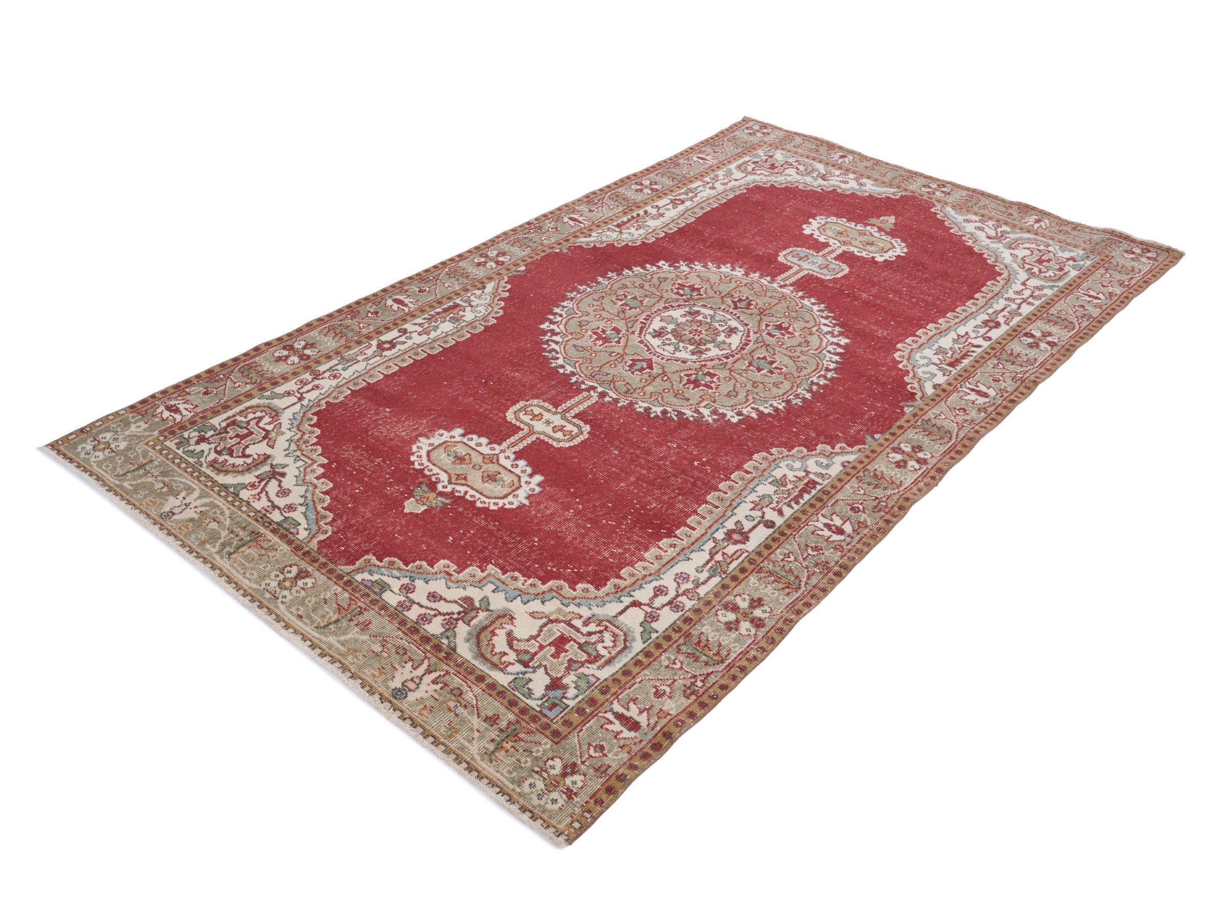 Turkish Isparta area rug in deep red and cream, view 3 of 9