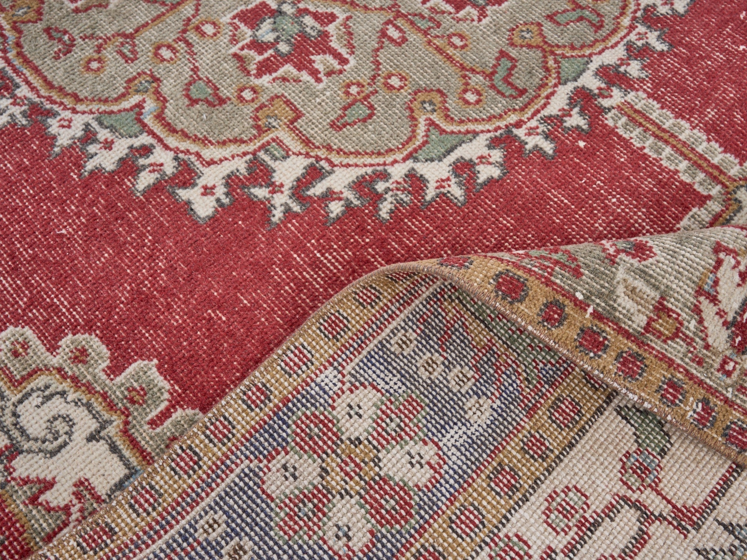 Turkish Isparta area rug in deep red and cream, view 8 of 9