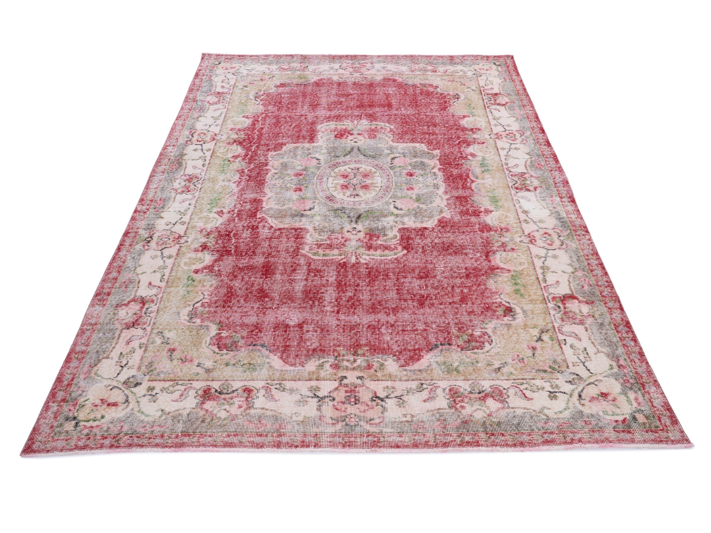 Turkish Manisa area rug in faded red and muted pink, view 2 of 10