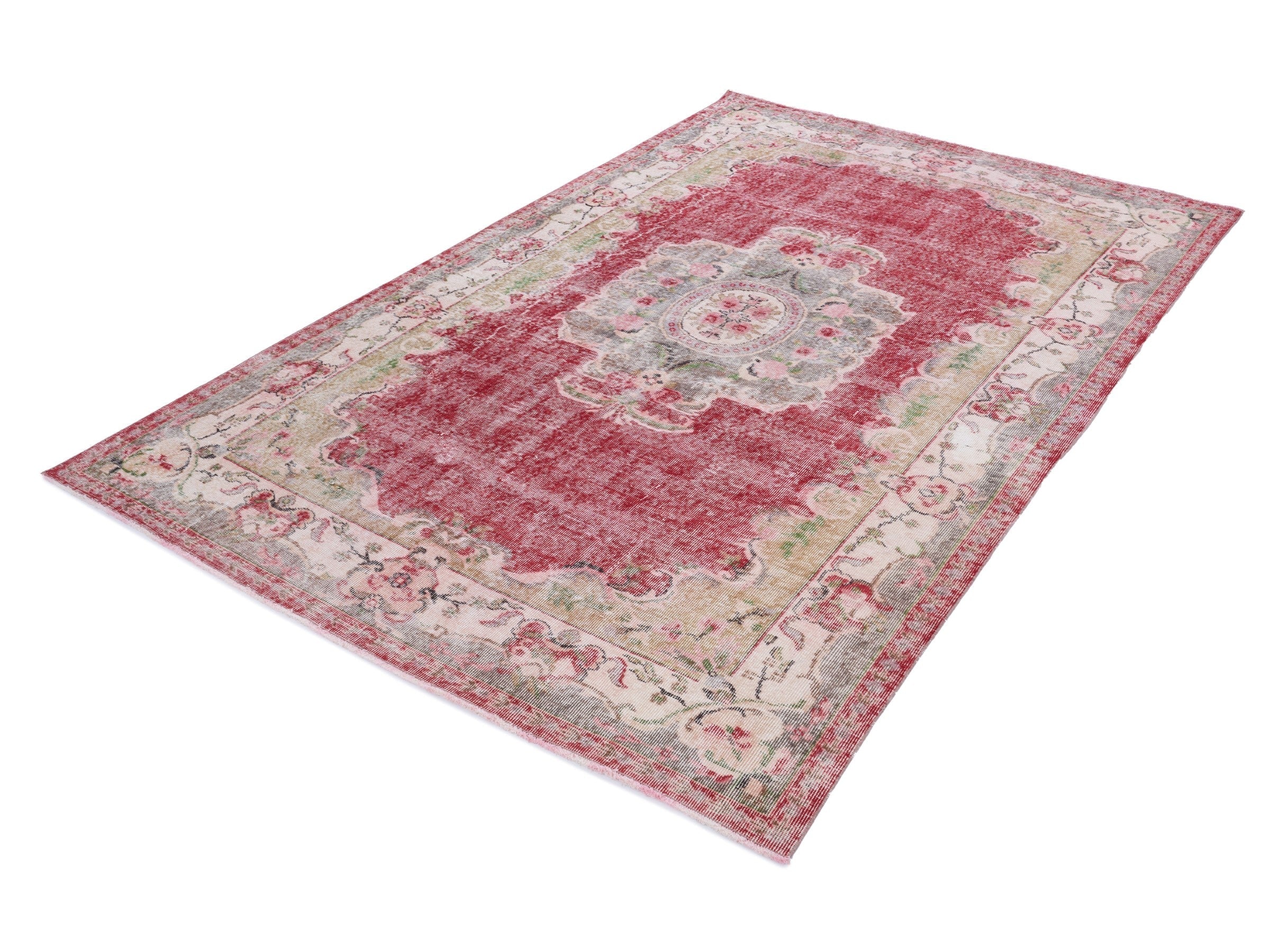 Turkish Manisa area rug in faded red and muted pink, view 3 of 10