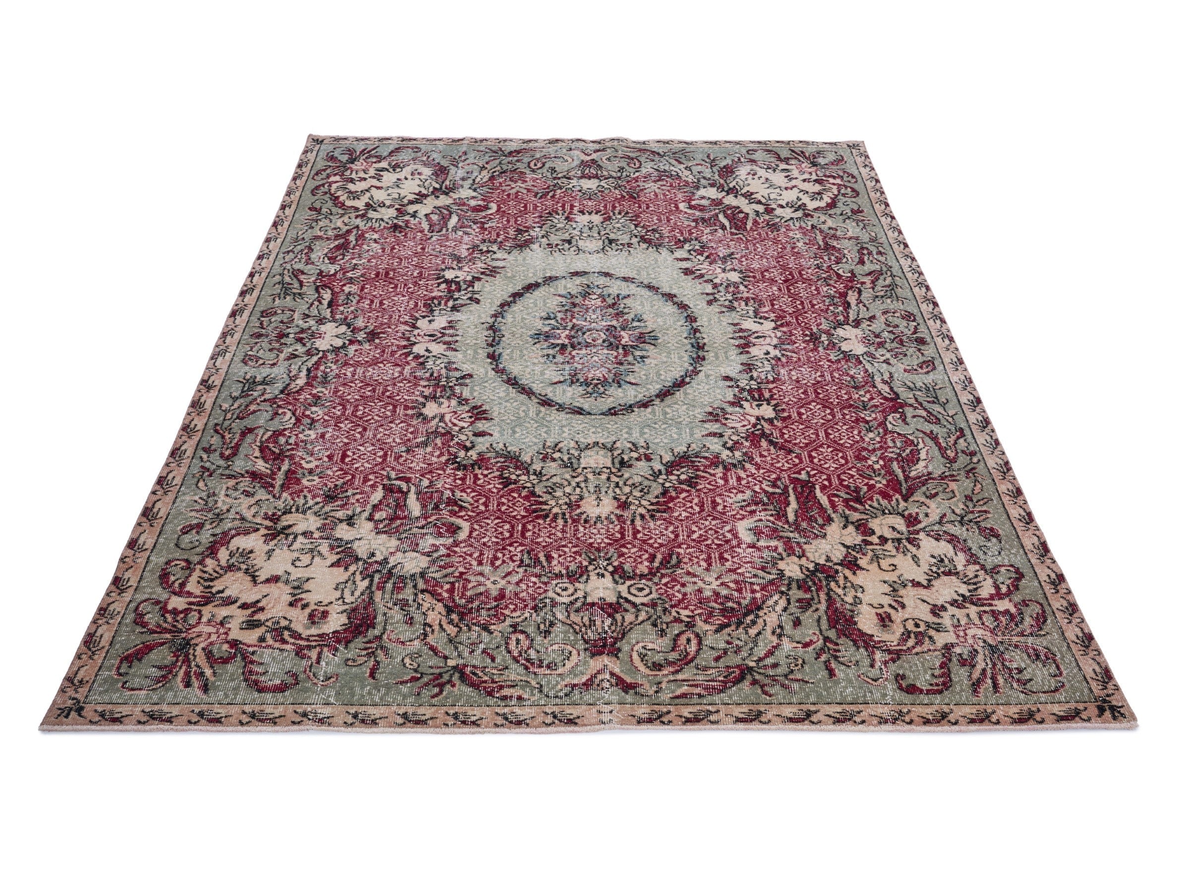 Turkish Isparta area rug in burgundy and muted pink, view 2 of 10