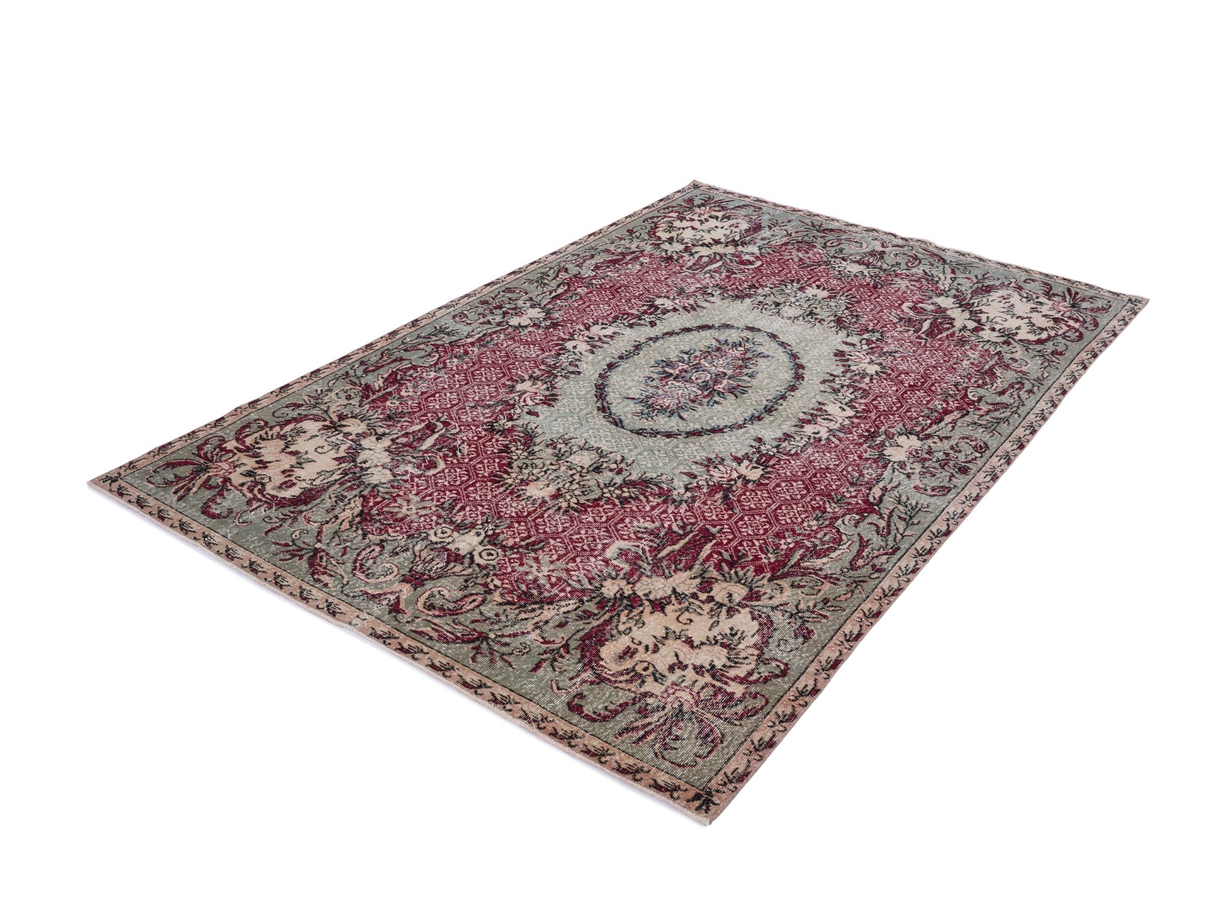 Turkish Isparta area rug in burgundy and muted pink, view 3 of 10