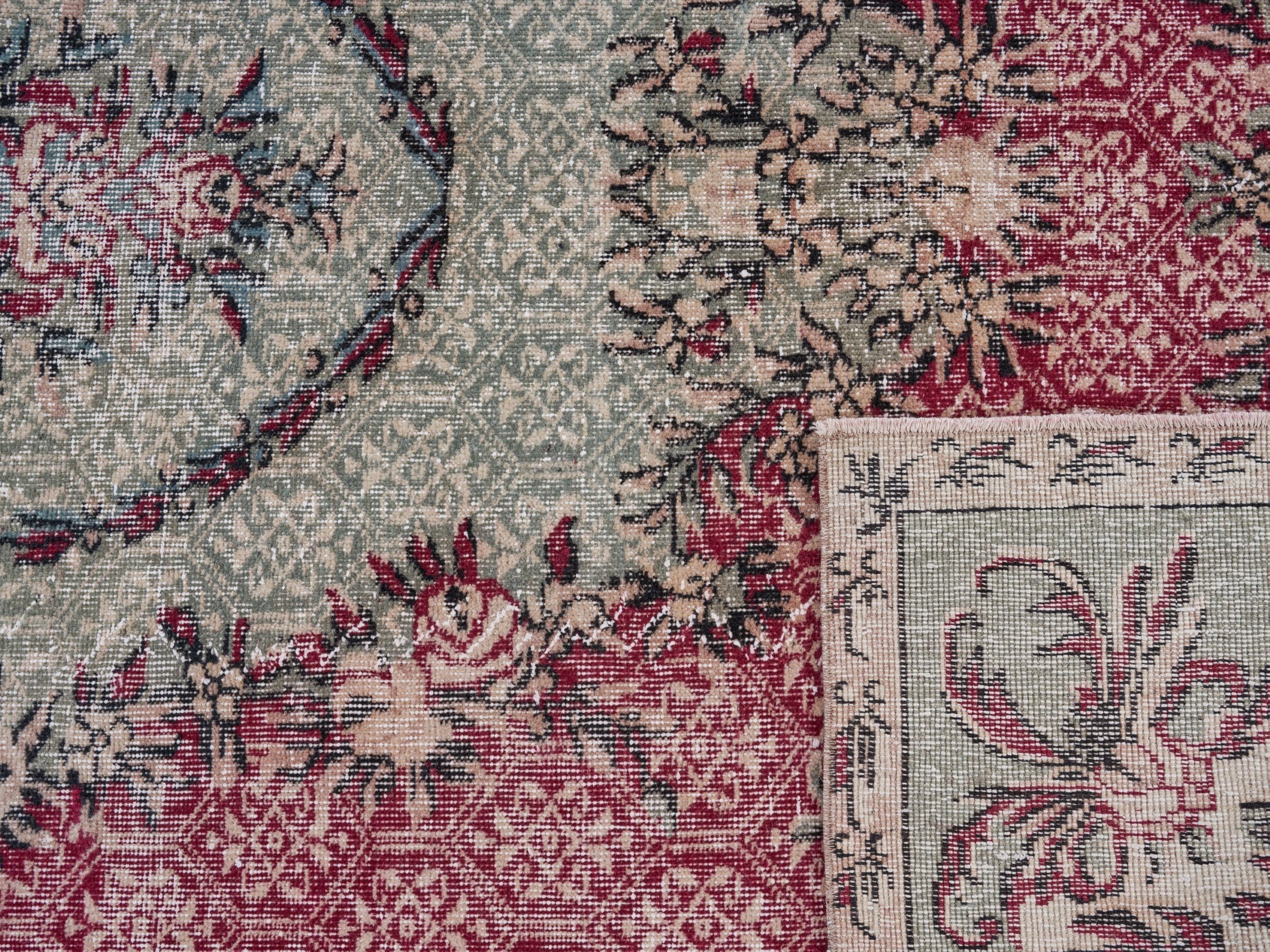 Turkish Isparta area rug in burgundy and muted pink, view 9 of 10