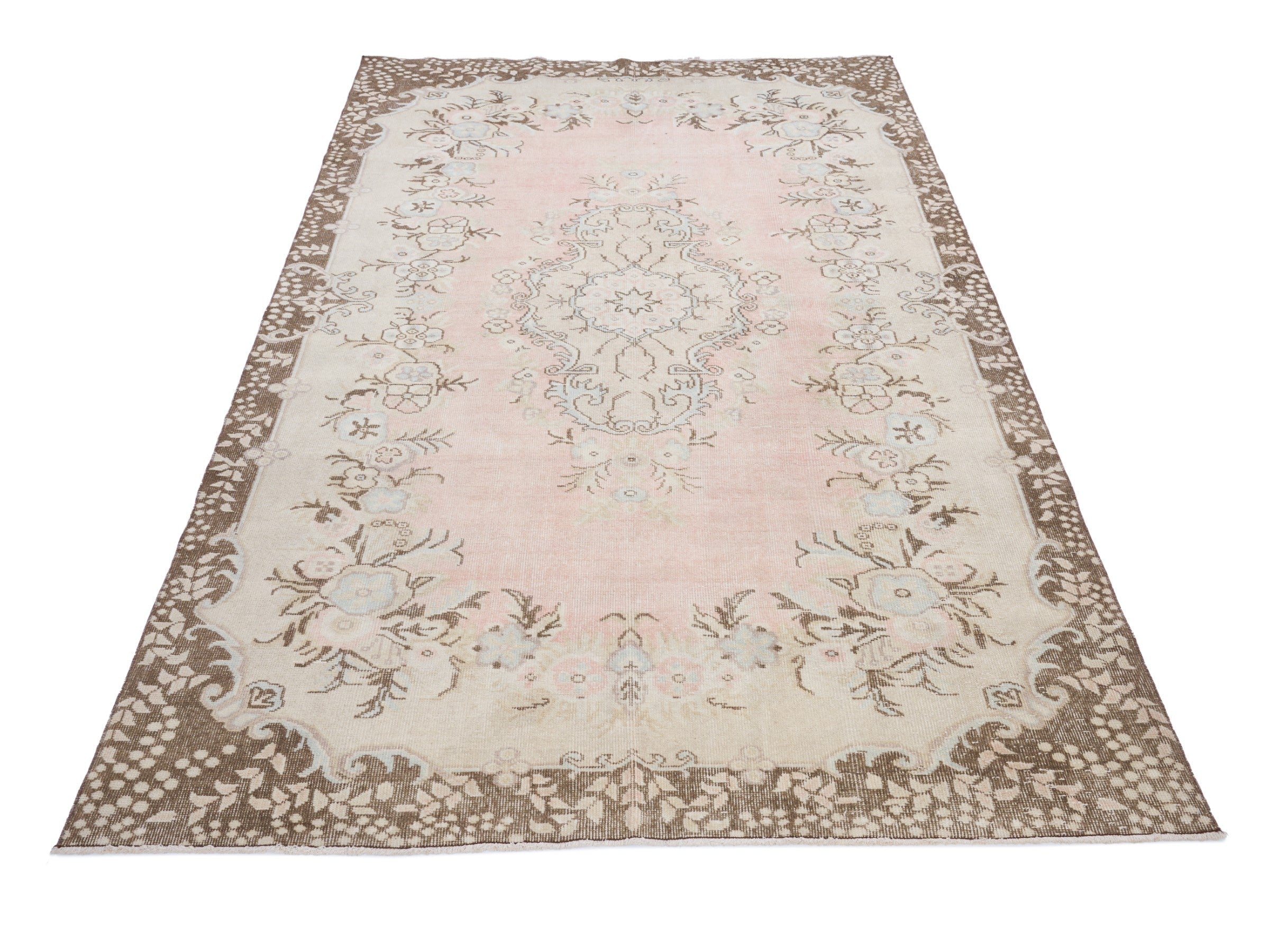 Turkish Isparta area rug in muted pink and greige, view 2 of 10