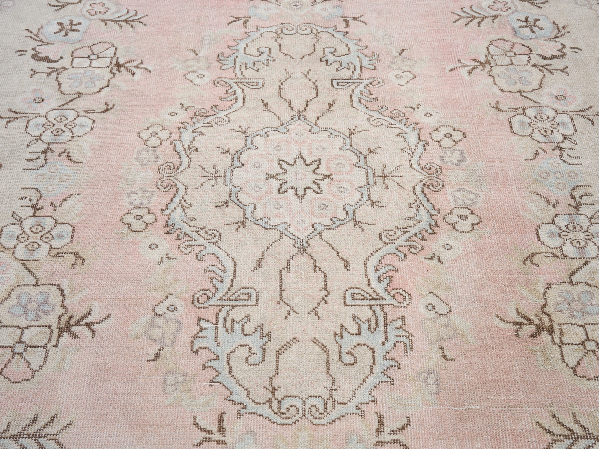 Turkish Isparta area rug in muted pink and greige, view 4 of 10