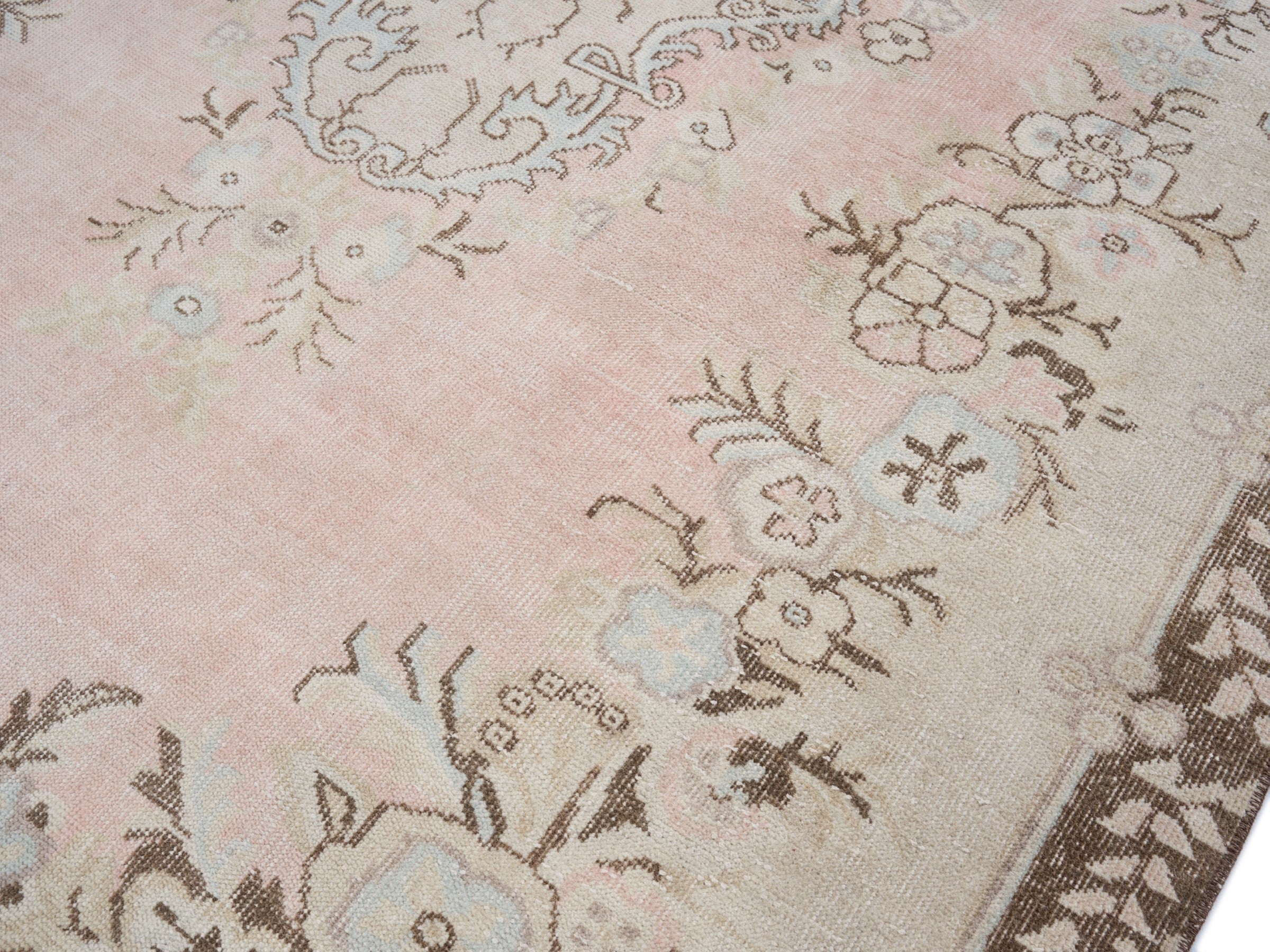 Turkish Isparta area rug in muted pink and greige, view 5 of 10