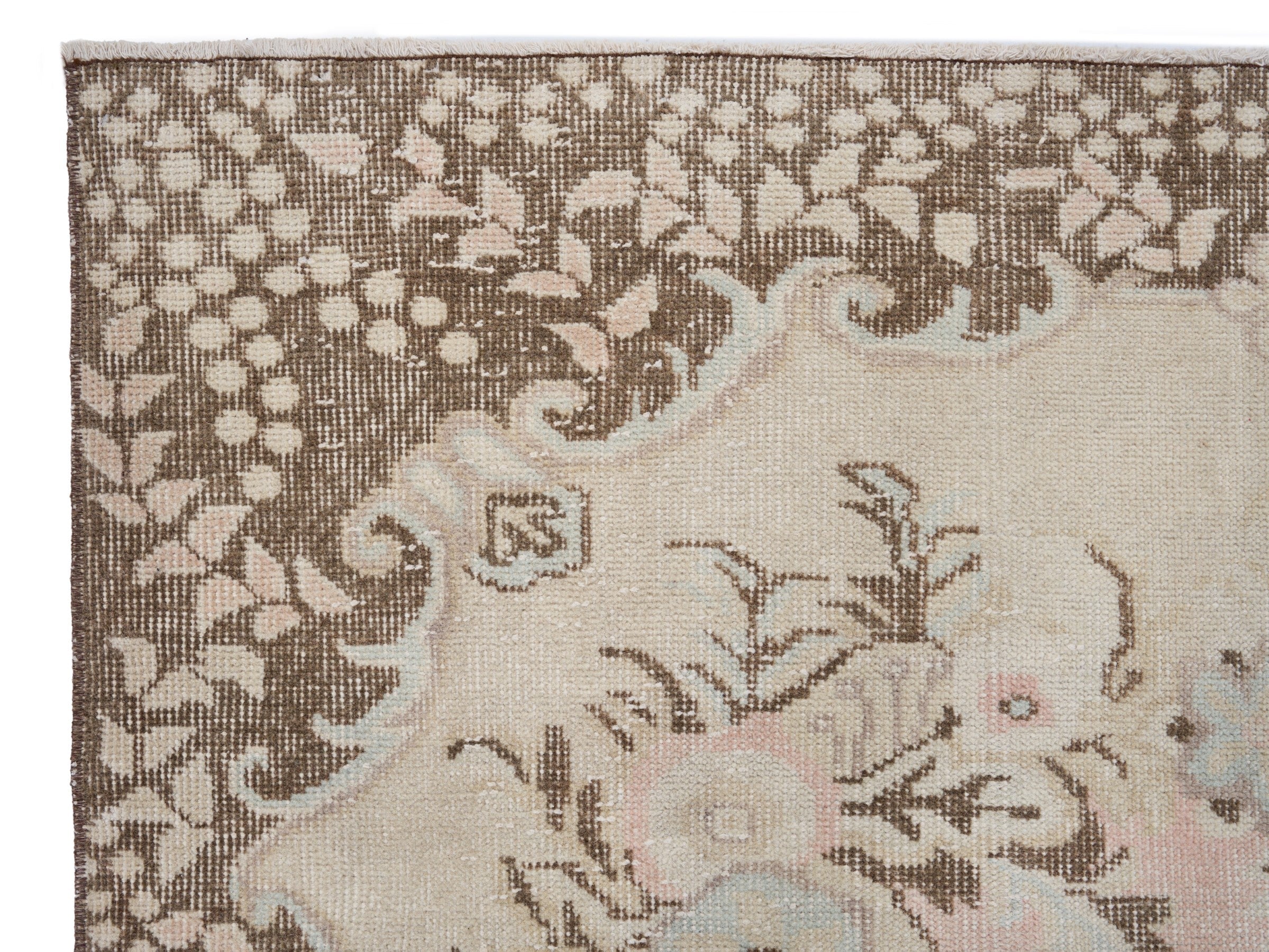 Turkish Isparta area rug in muted pink and greige, view 8 of 10