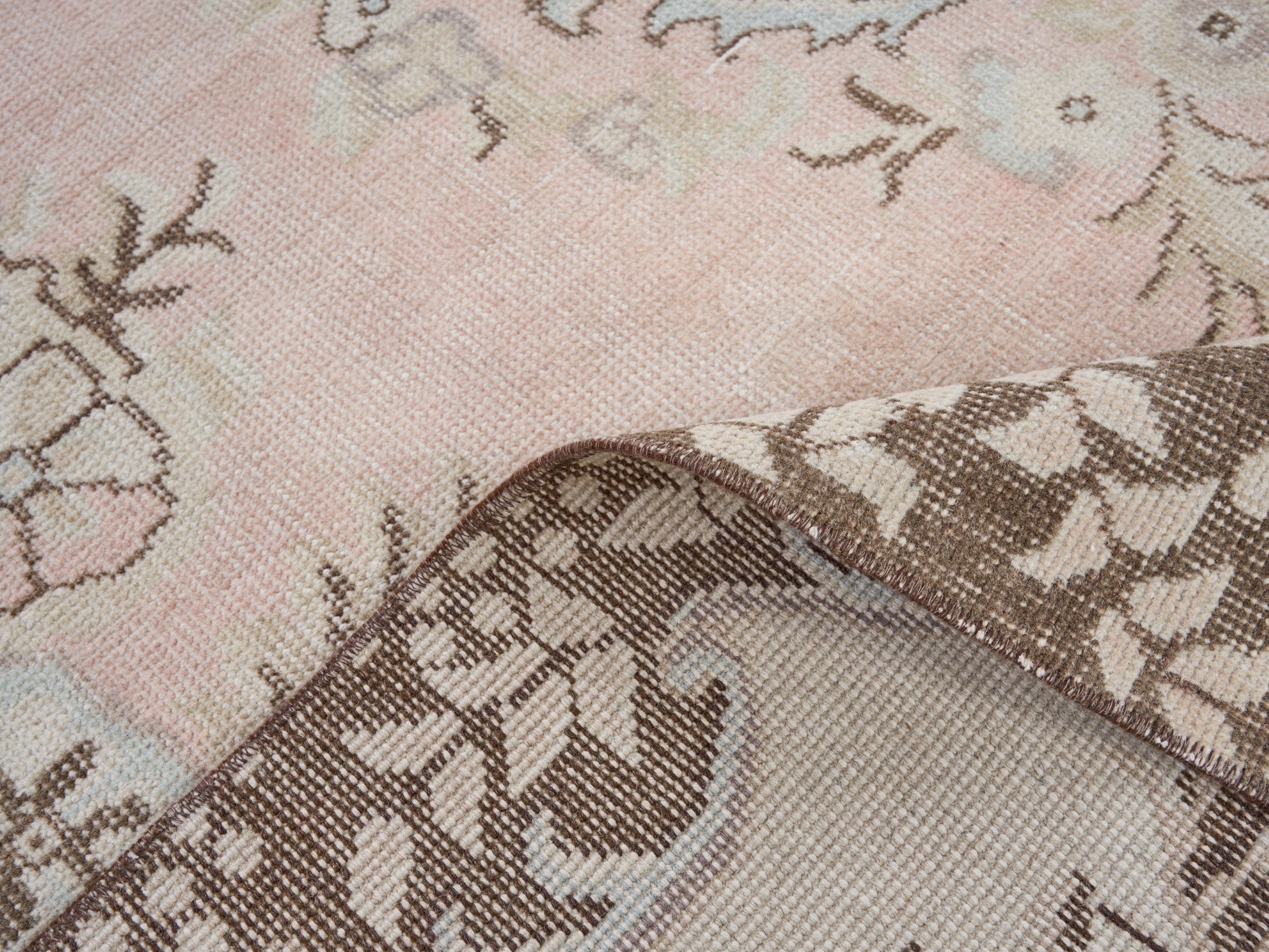 Turkish Isparta area rug in muted pink and greige, view 9 of 10