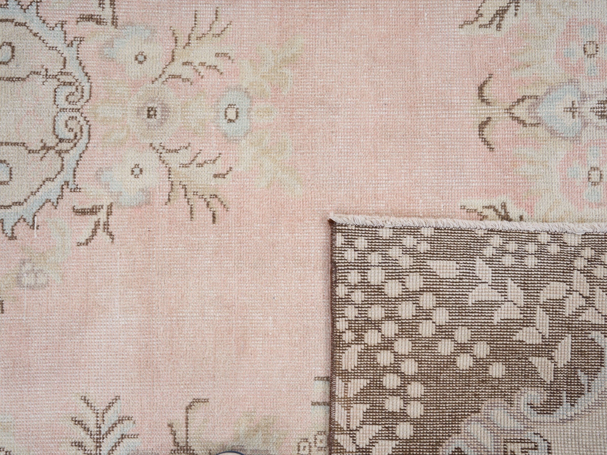 Turkish Isparta area rug in muted pink and greige, view 10 of 10