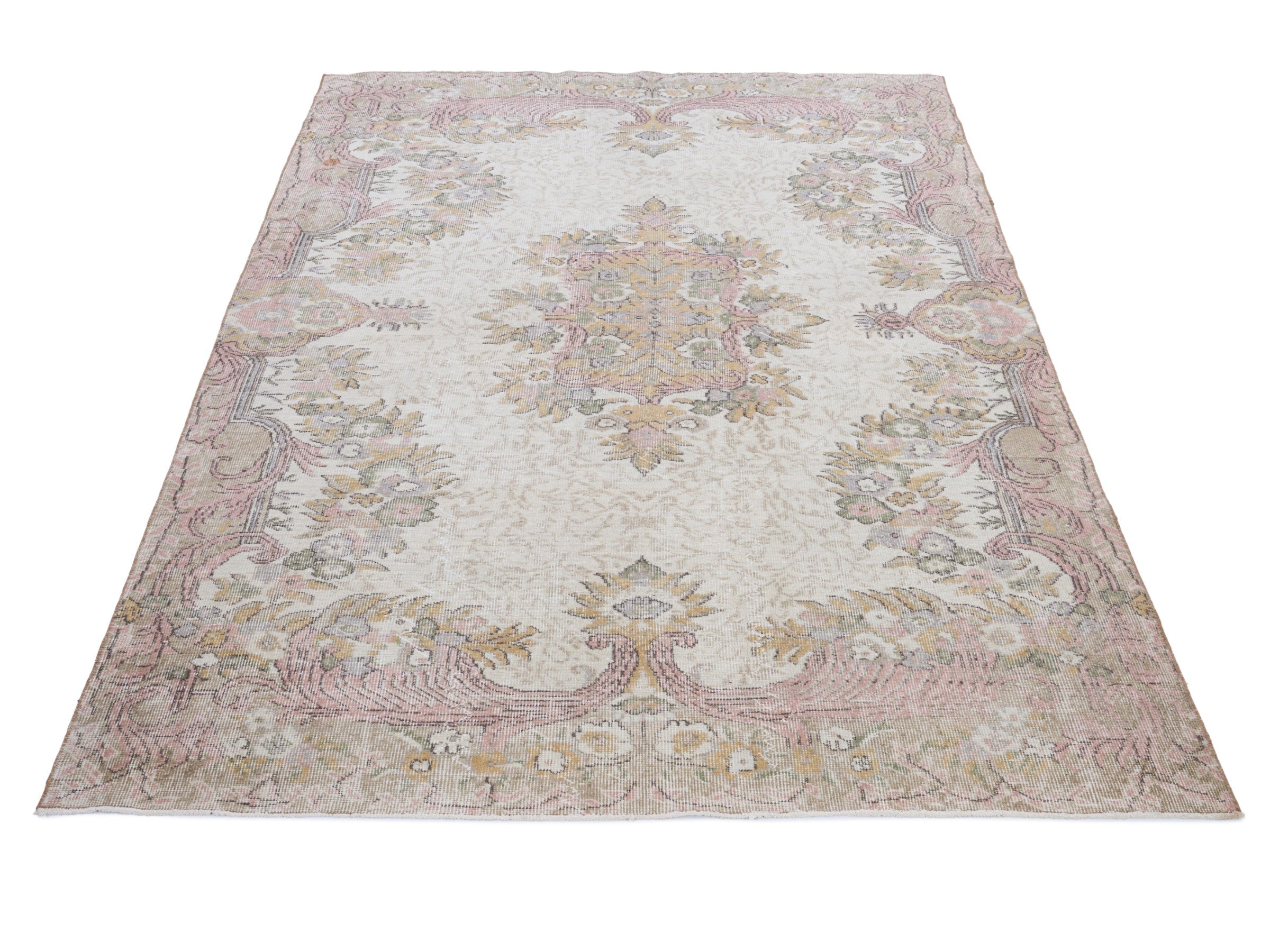 Turkish Isparta area rug in cream and muted pink, view 2 of 9