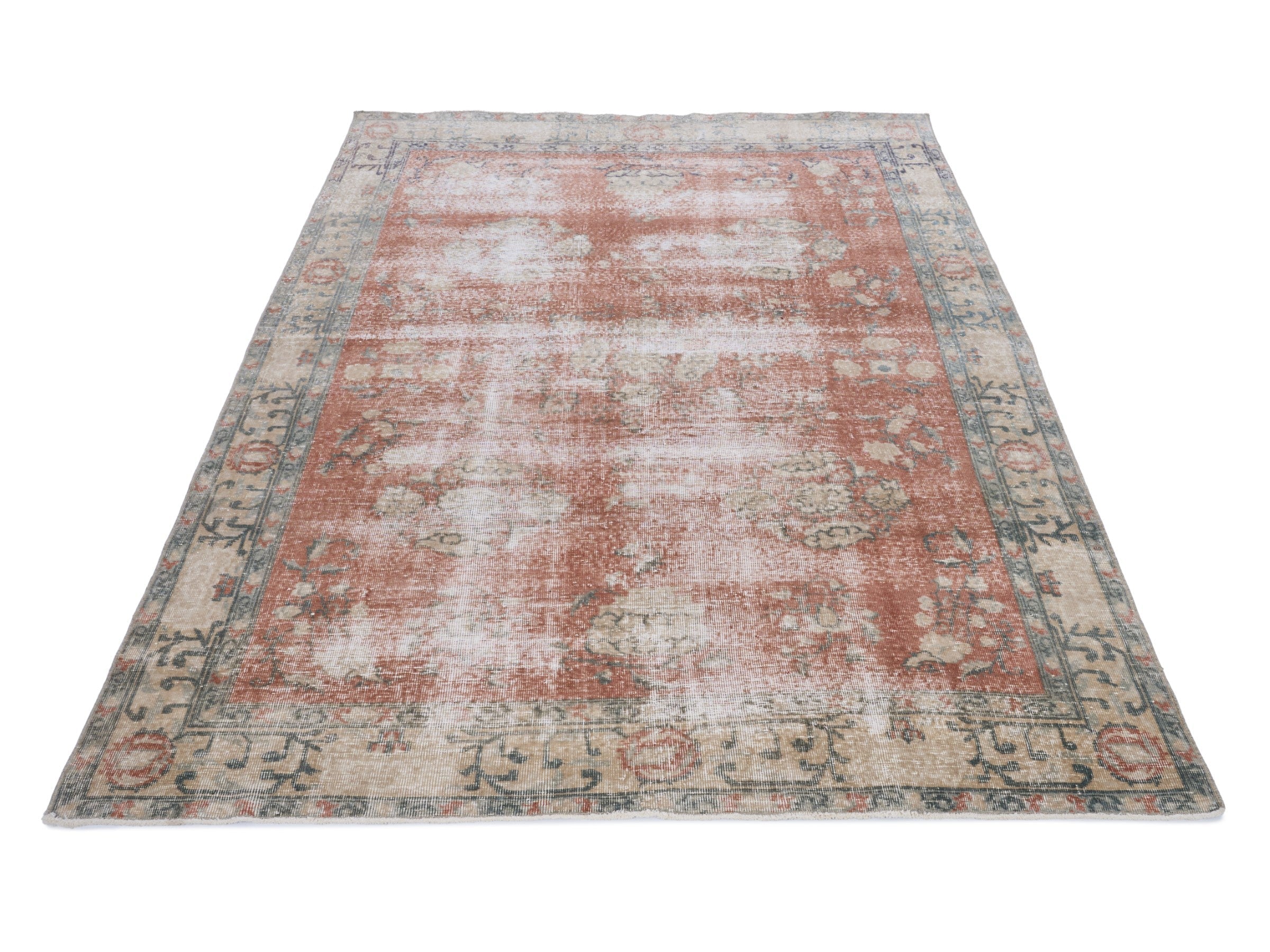 Turkish Isparta area rug in faded red and cream, view 2 of 10