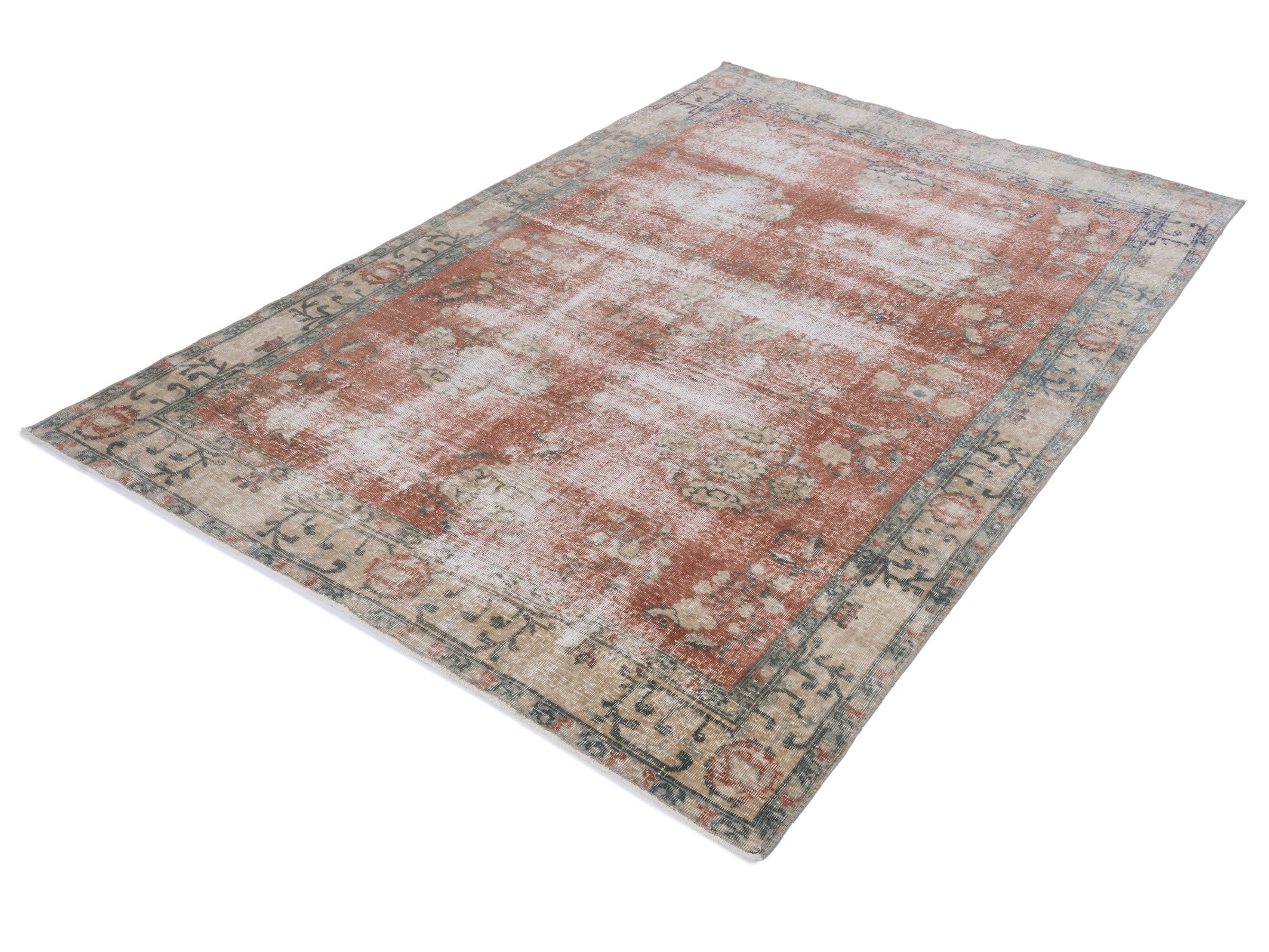 Turkish Isparta area rug in faded red and cream, view 3 of 10