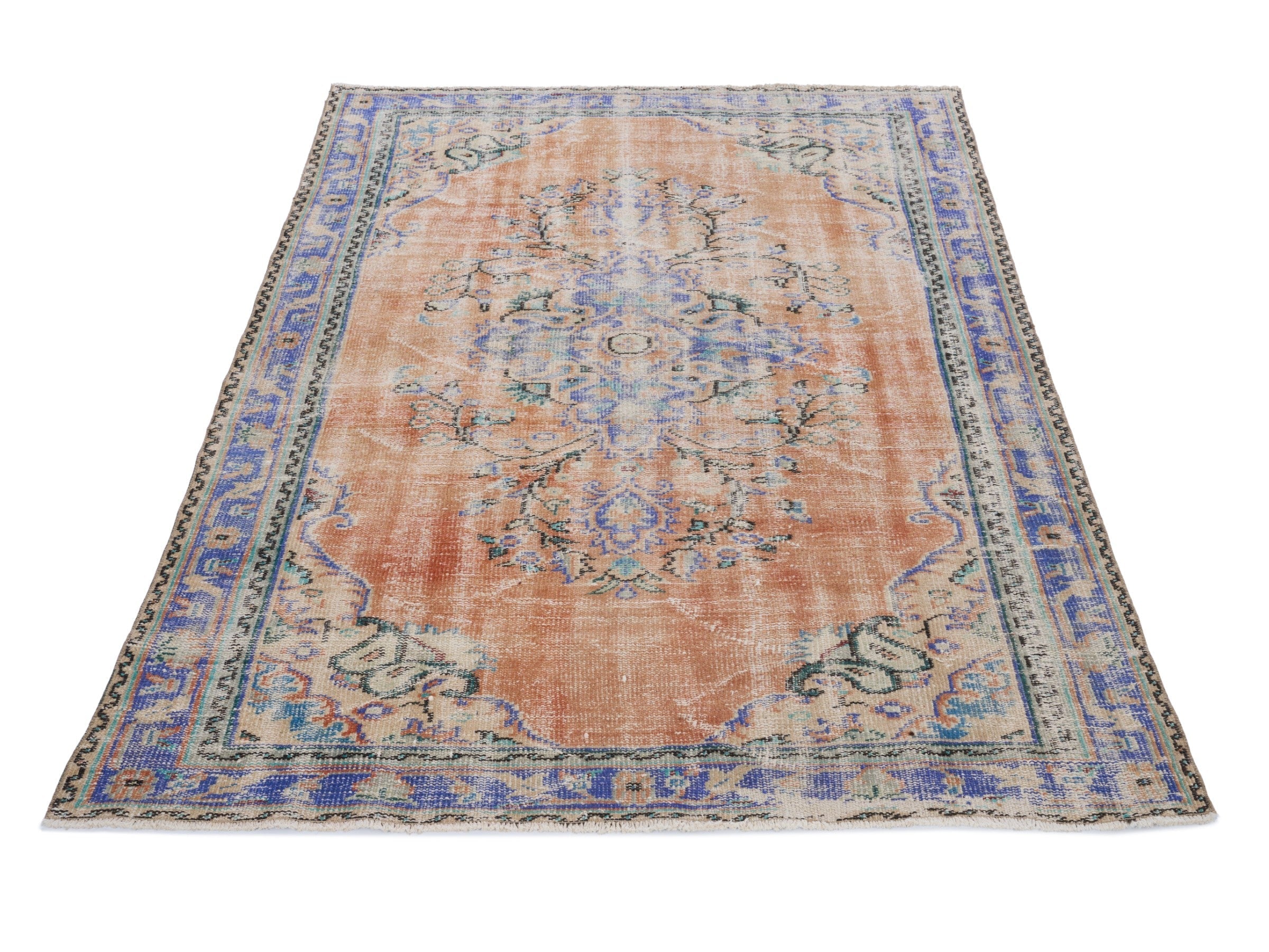 Turkish Manisa area rug in terracotta and blue, view 2 of 10