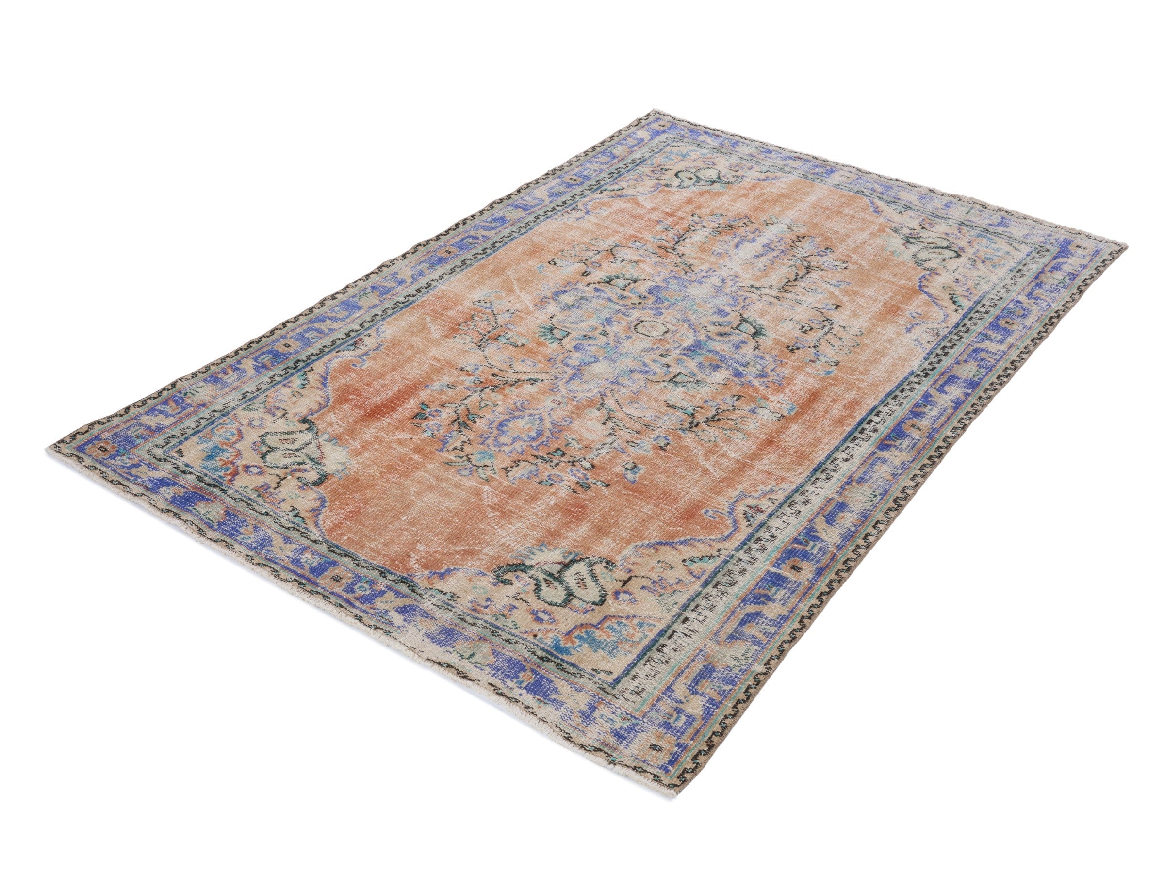 Turkish Manisa area rug in terracotta and blue, view 3 of 10