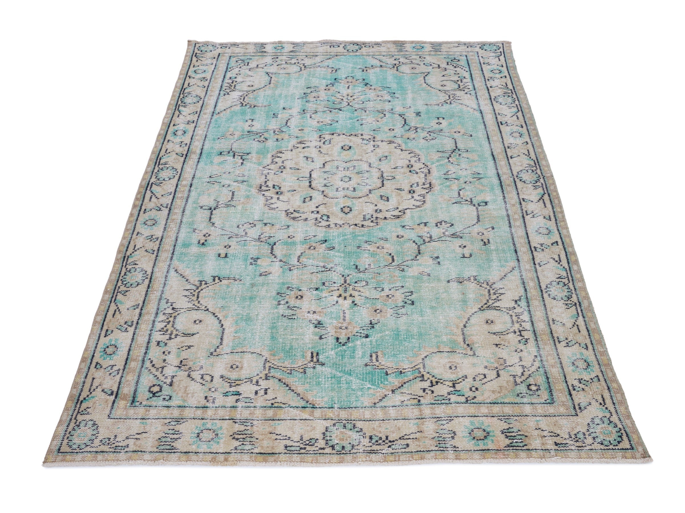 Turkish Manisa area rug in turquoise and cream, view 2 of 10