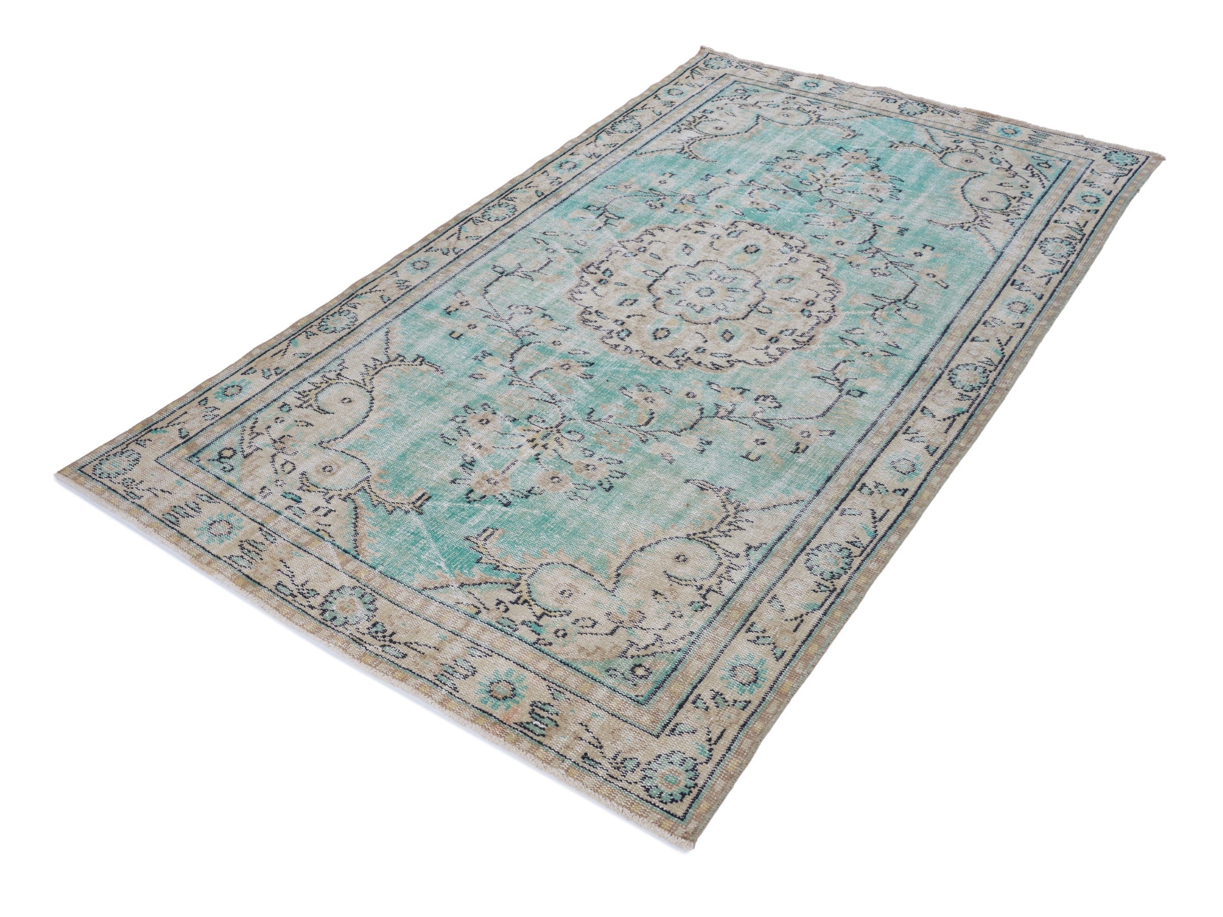 Turkish Manisa area rug in turquoise and cream, view 3 of 10