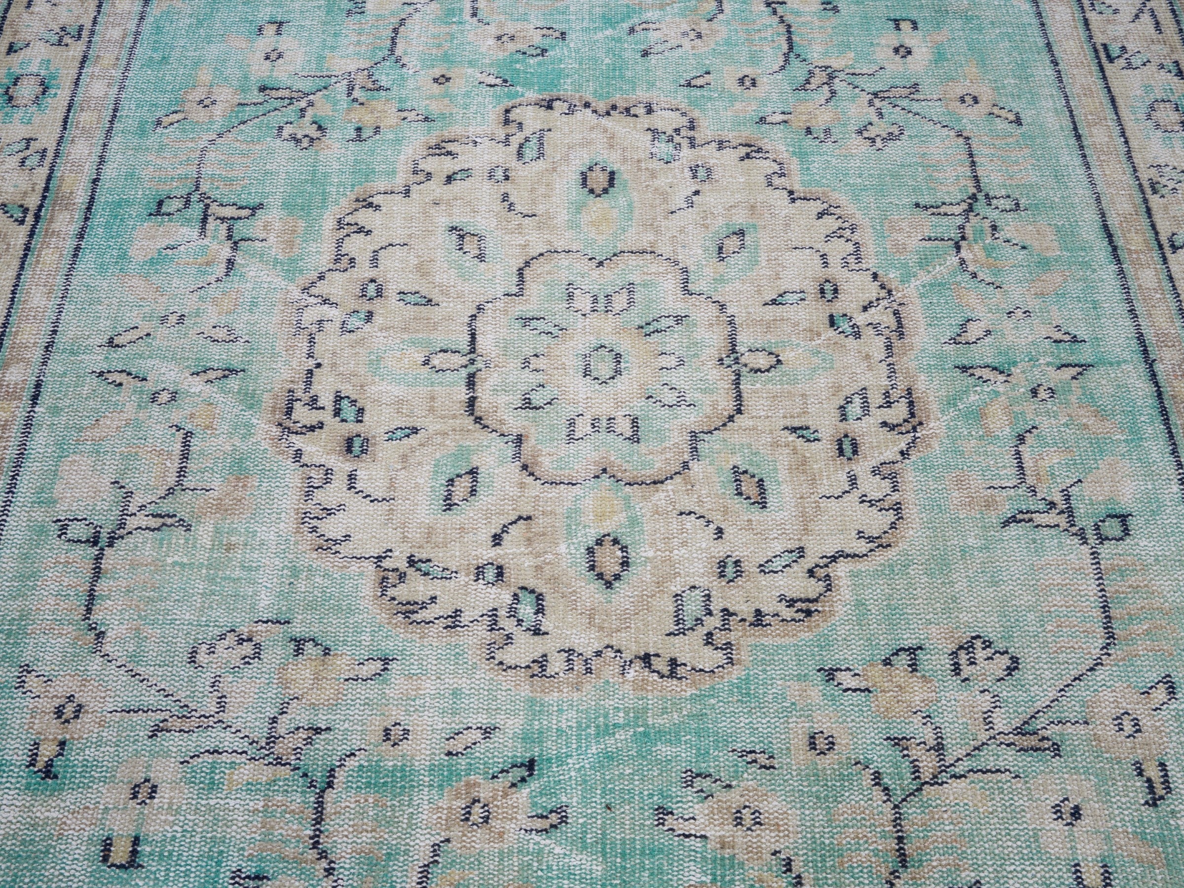 Turkish Manisa area rug in turquoise and cream, view 4 of 10