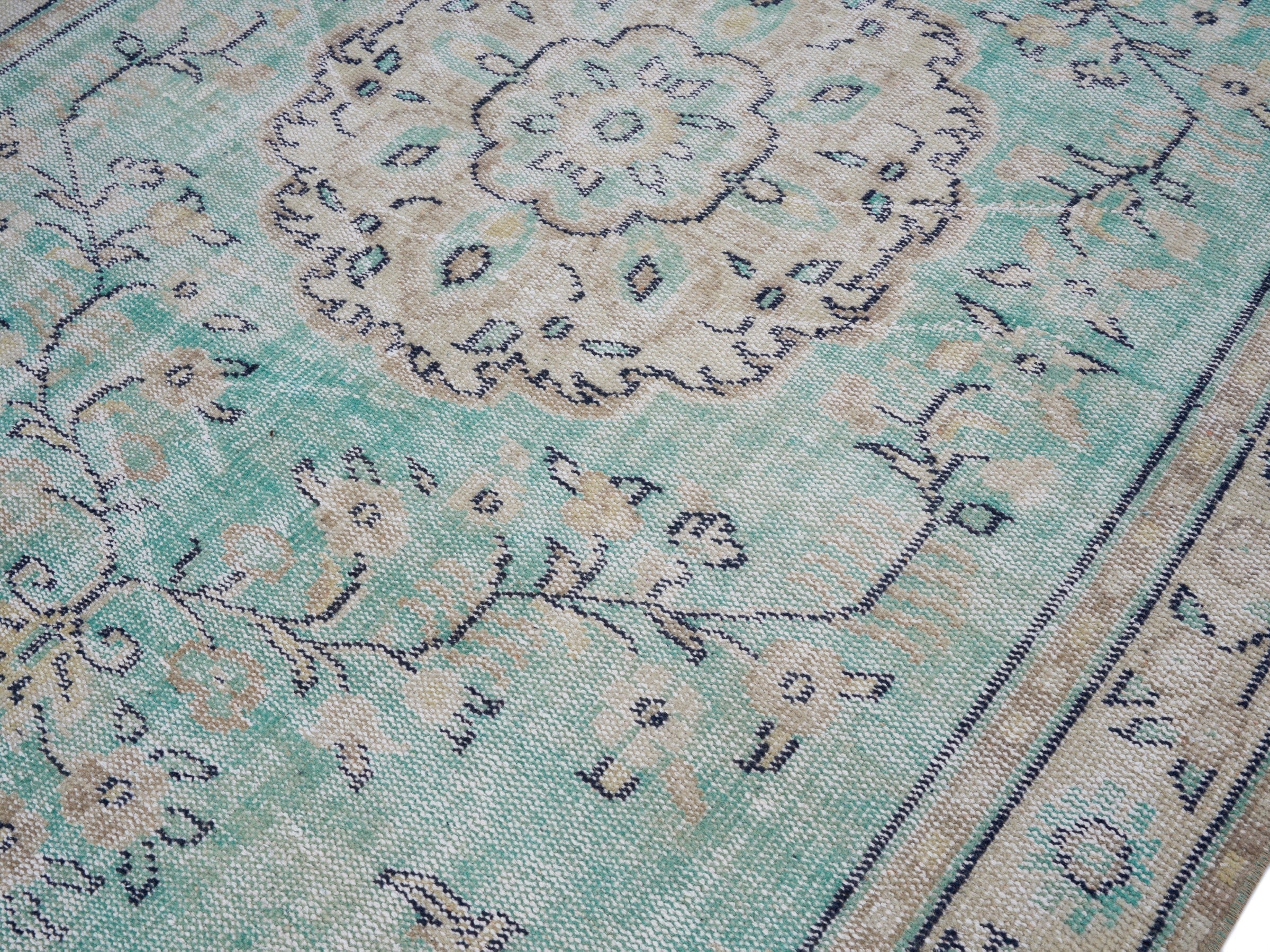 Turkish Manisa area rug in turquoise and cream, view 5 of 10
