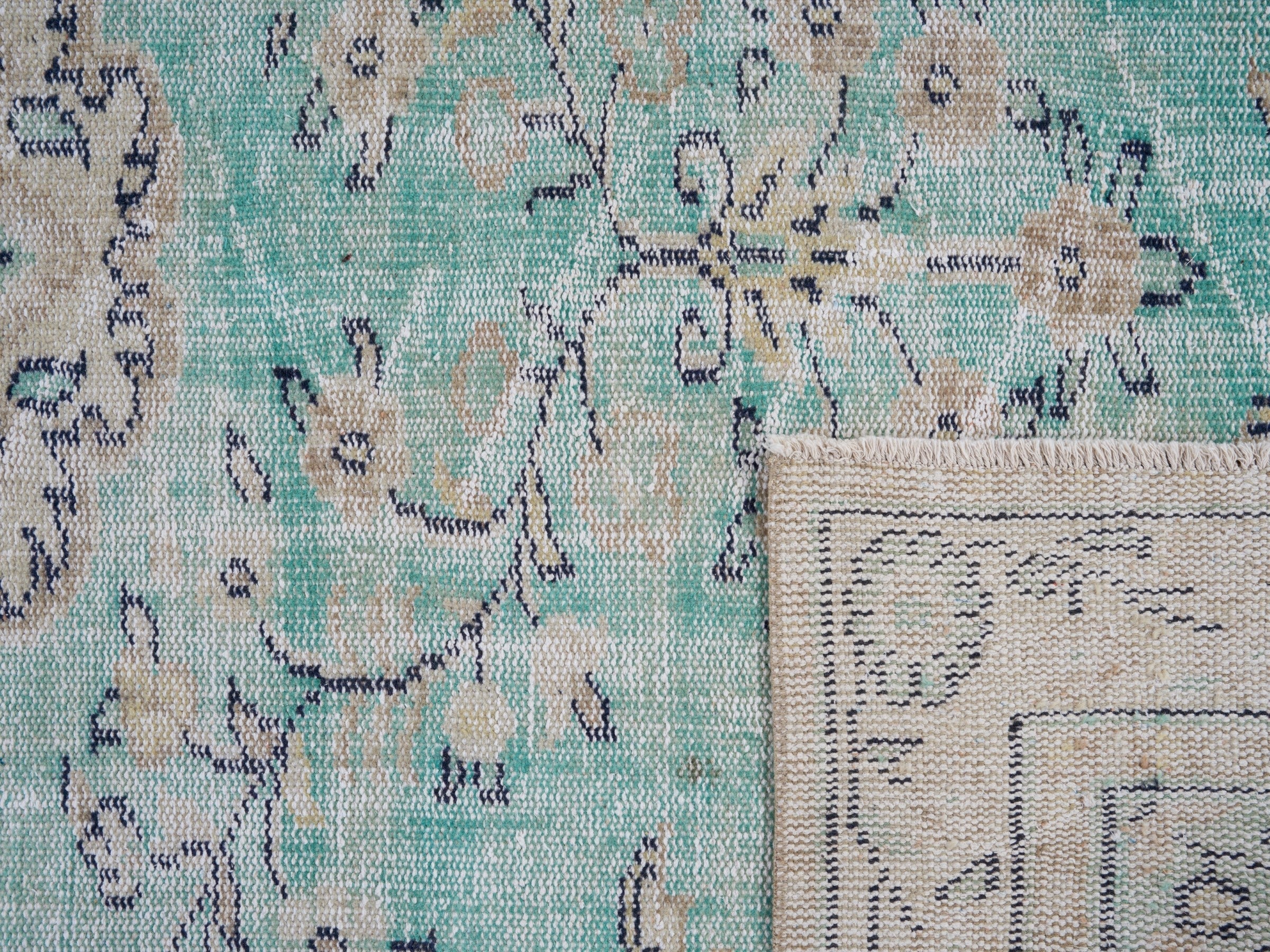 Turkish Manisa area rug in turquoise and cream, view 10 of 10