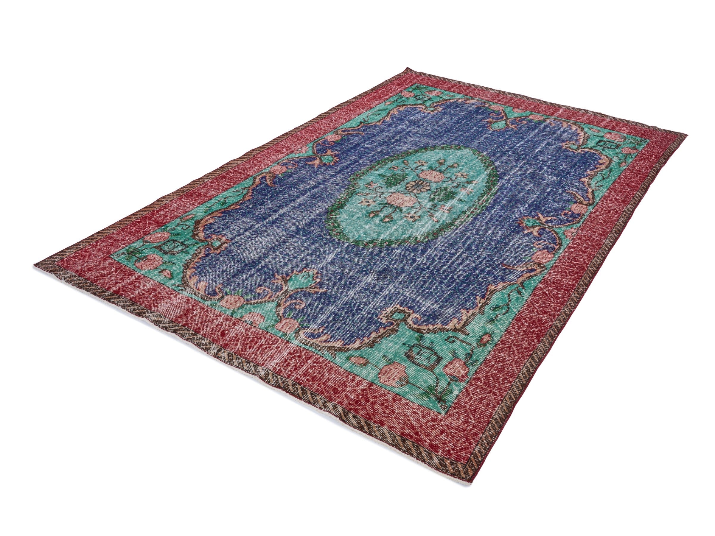 Turkish Isparta area rug in deep indigo and rose, view 3 of 10