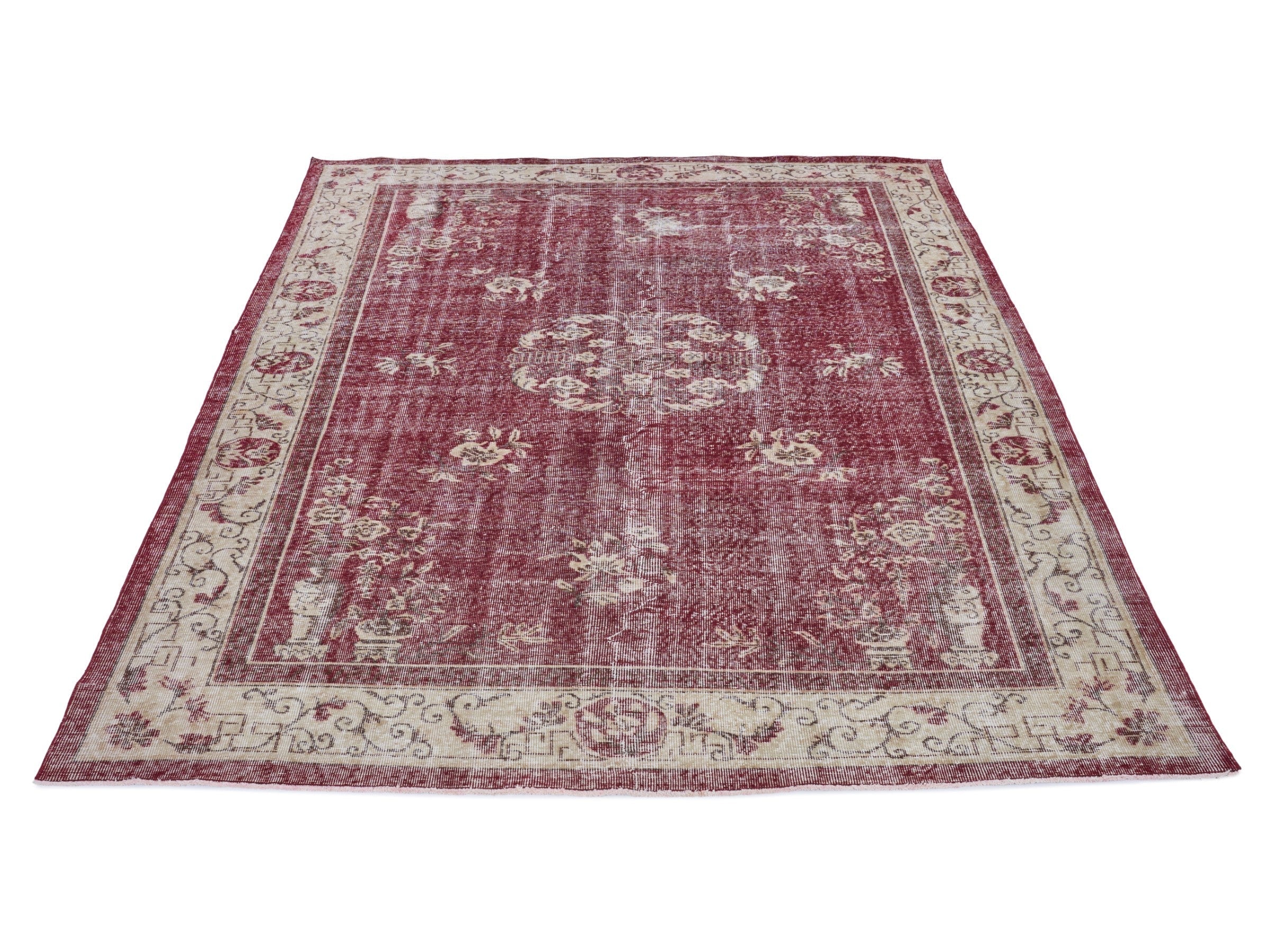 Turkish Isparta area rug in faded red and ivory, view 2 of 10