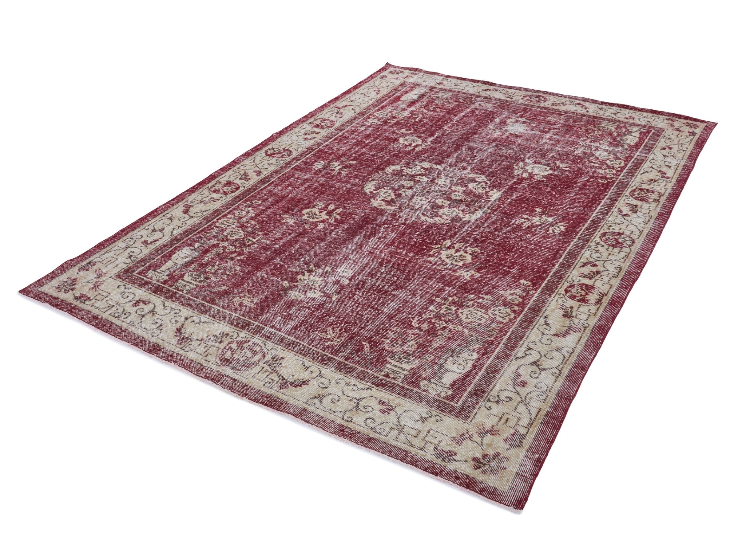 Turkish Isparta area rug in faded red and ivory, view 3 of 10