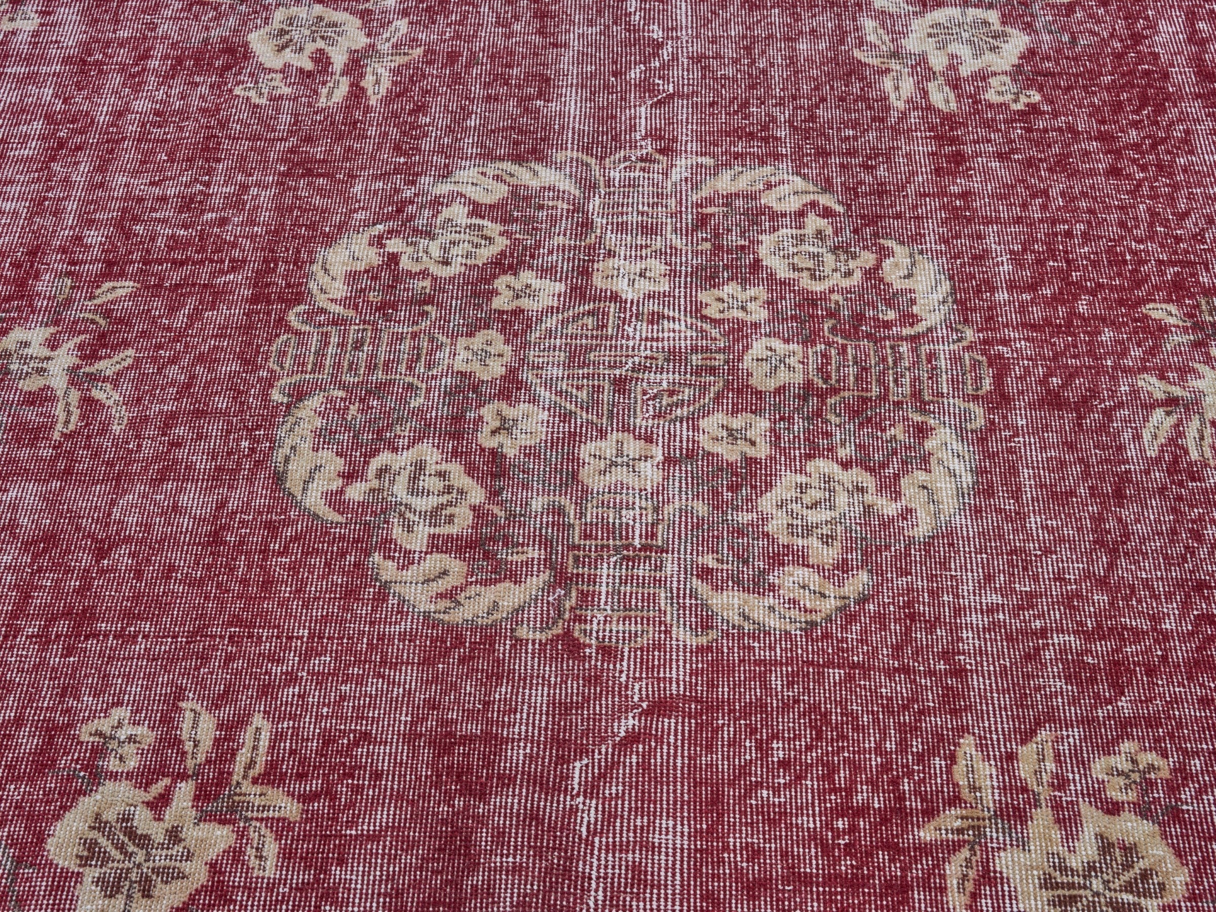 Turkish Isparta area rug in faded red and ivory, view 4 of 10