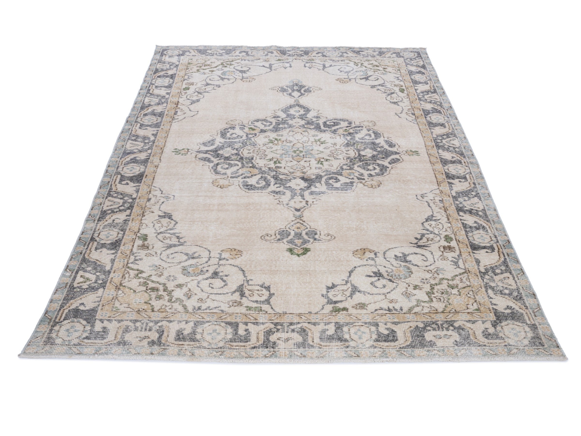Turkish Isparta area rug in cream and slate blue, view 2 of 10