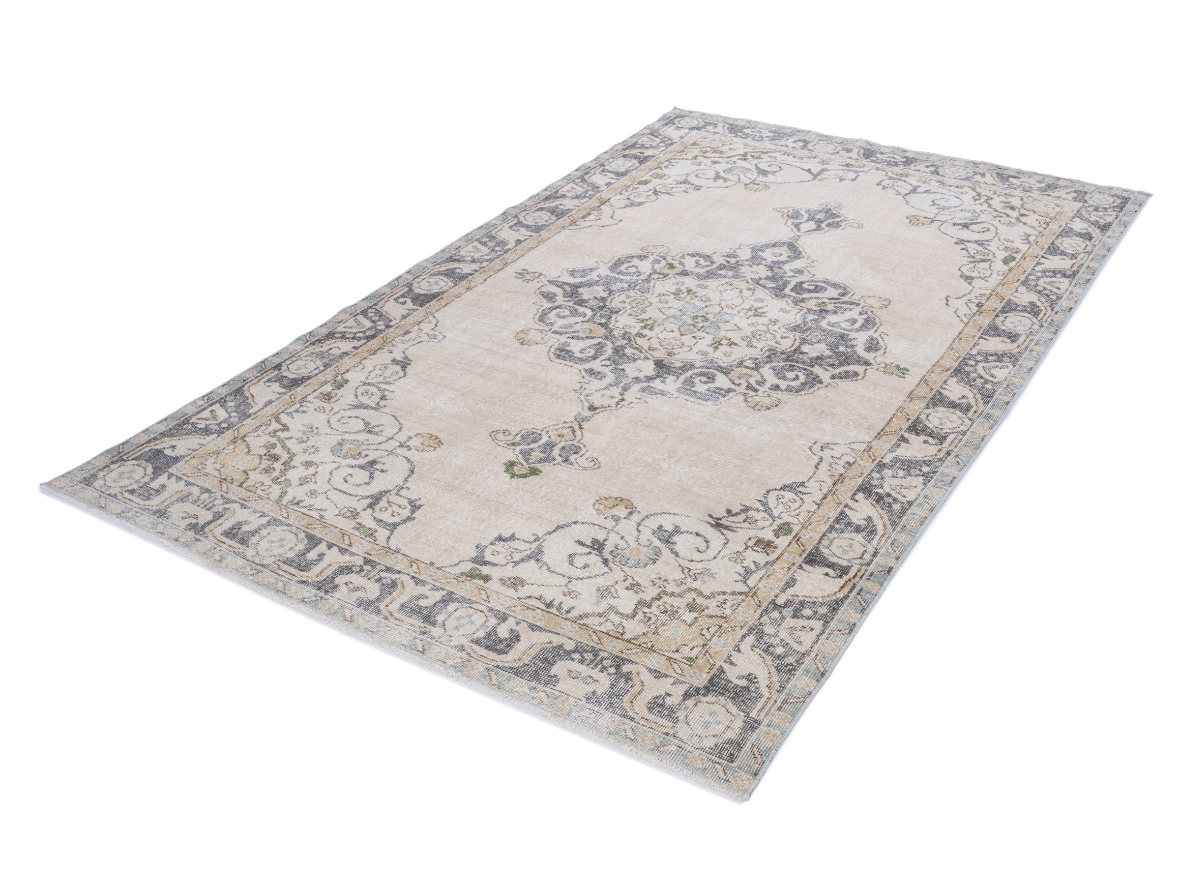 Turkish Isparta area rug in cream and slate blue, view 3 of 10