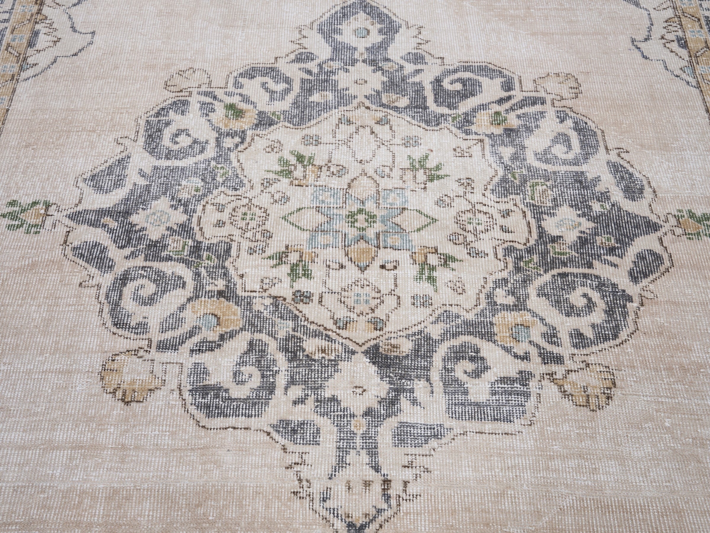 Turkish Isparta area rug in cream and slate blue, view 4 of 10