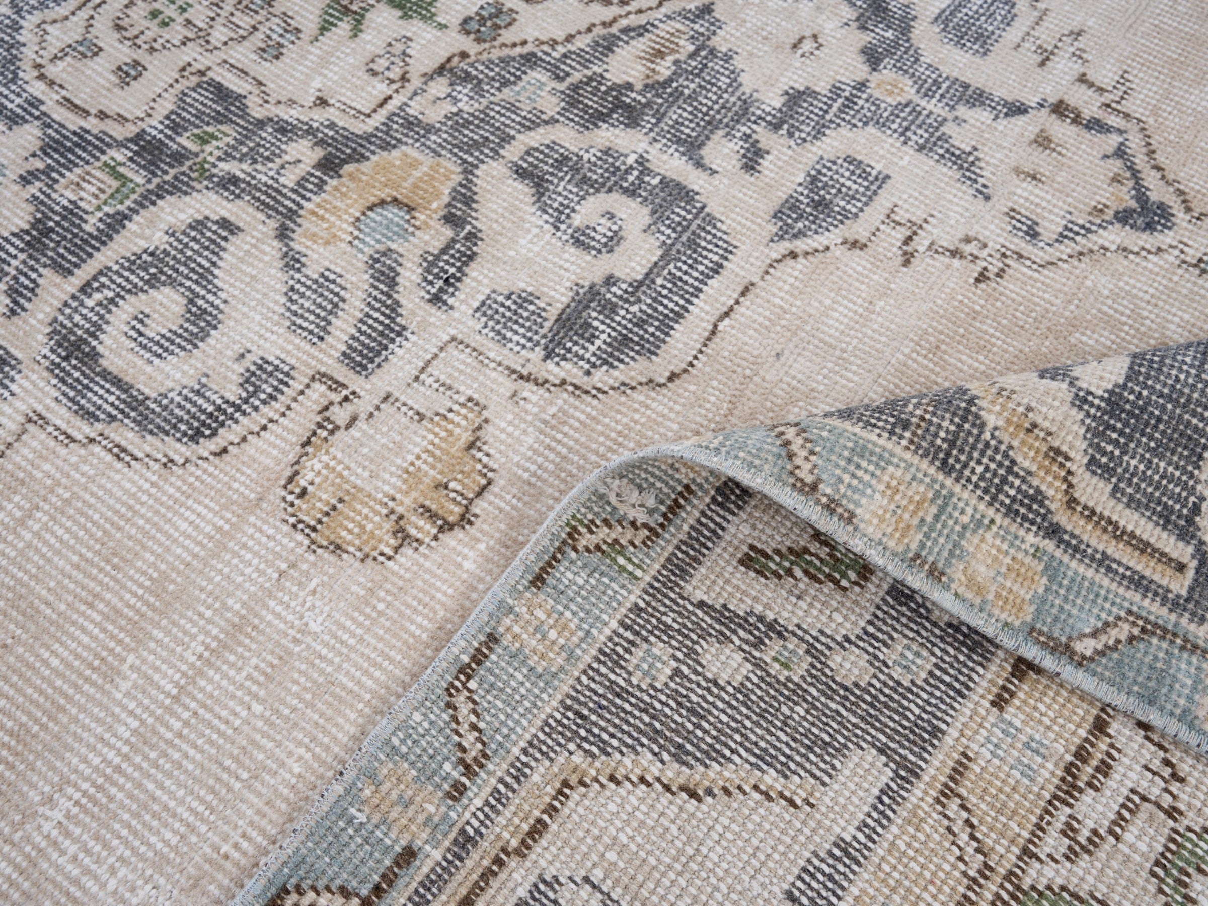 Turkish Isparta area rug in cream and slate blue, view 9 of 10