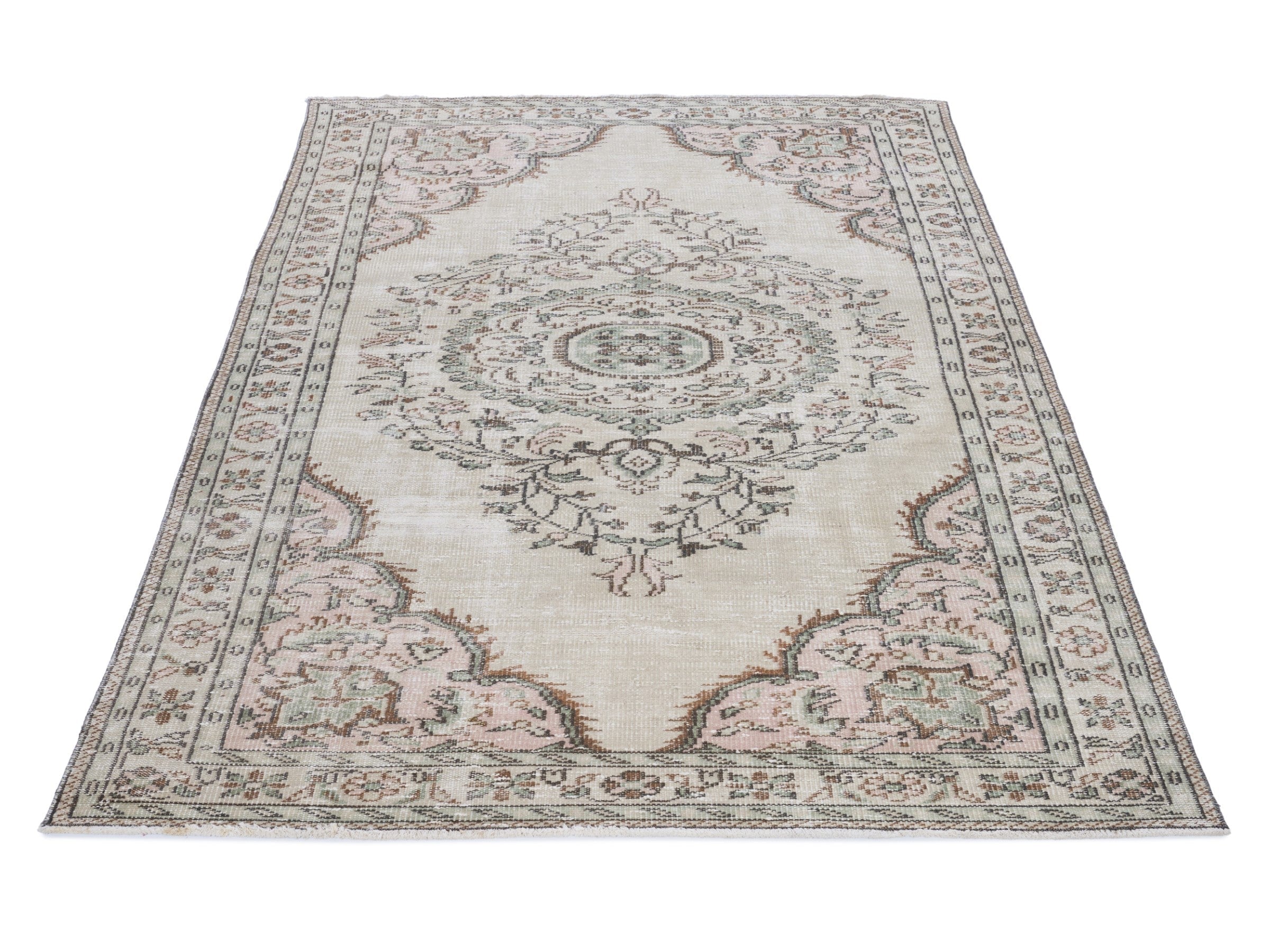 Turkish Manisa area rug in ivory and muted pink, view 2 of 10