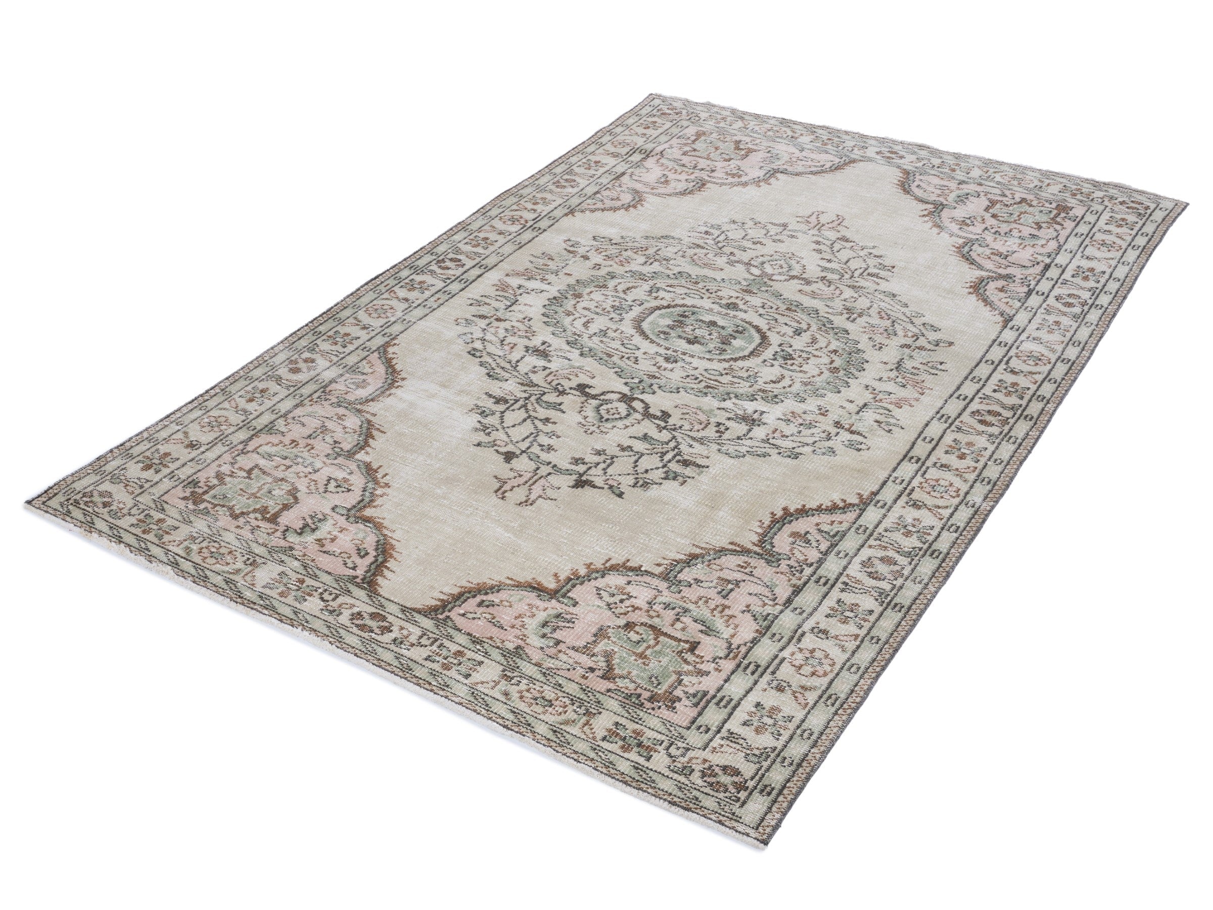 Turkish Manisa area rug in ivory and muted pink, view 3 of 10