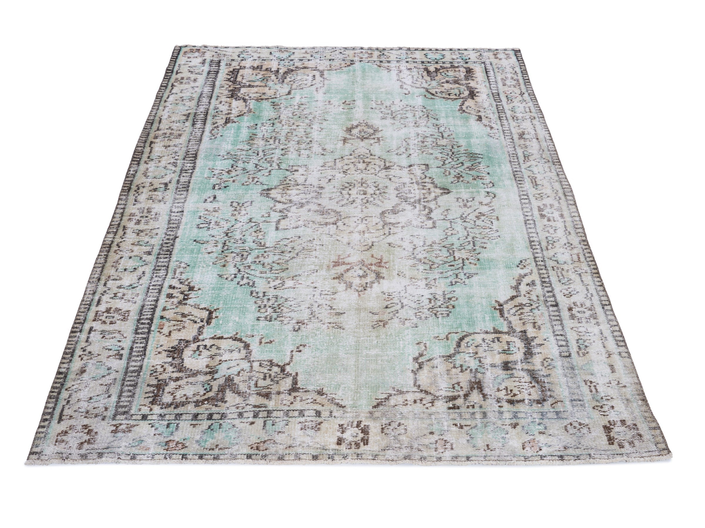 Turkish Manisa area rug in celadon and cream, view 2 of 10