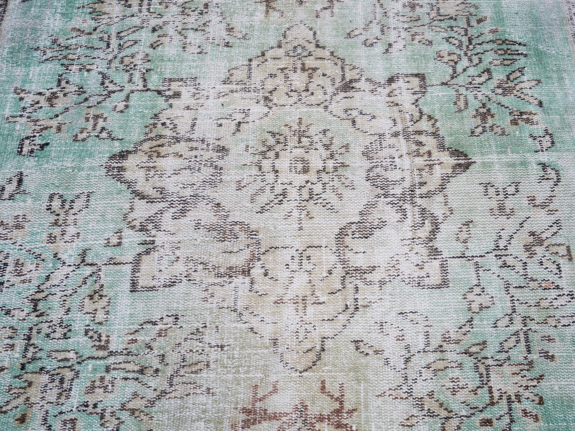 Turkish Manisa area rug in celadon and cream, view 4 of 10