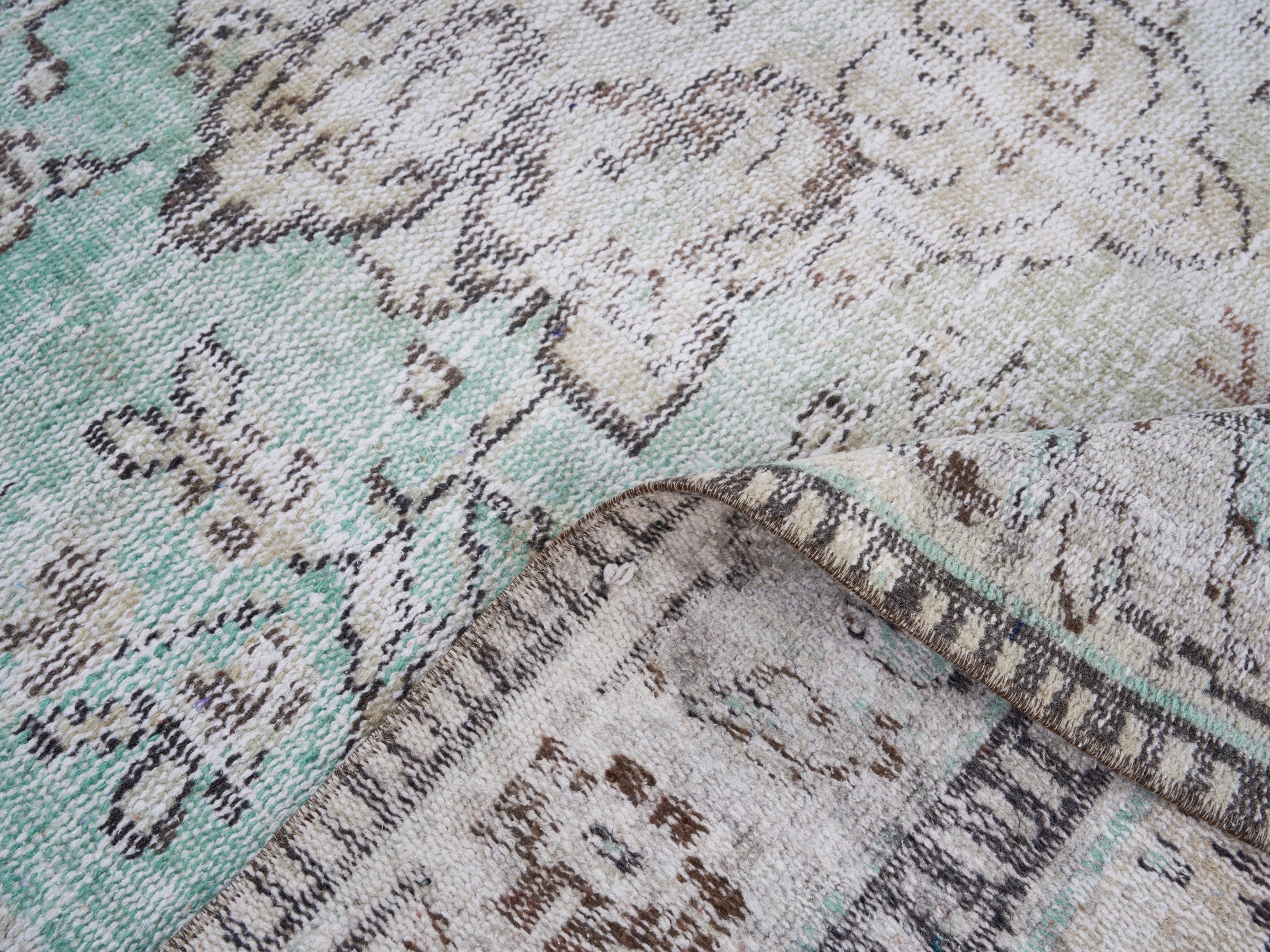 Turkish Manisa area rug in celadon and cream, view 9 of 10