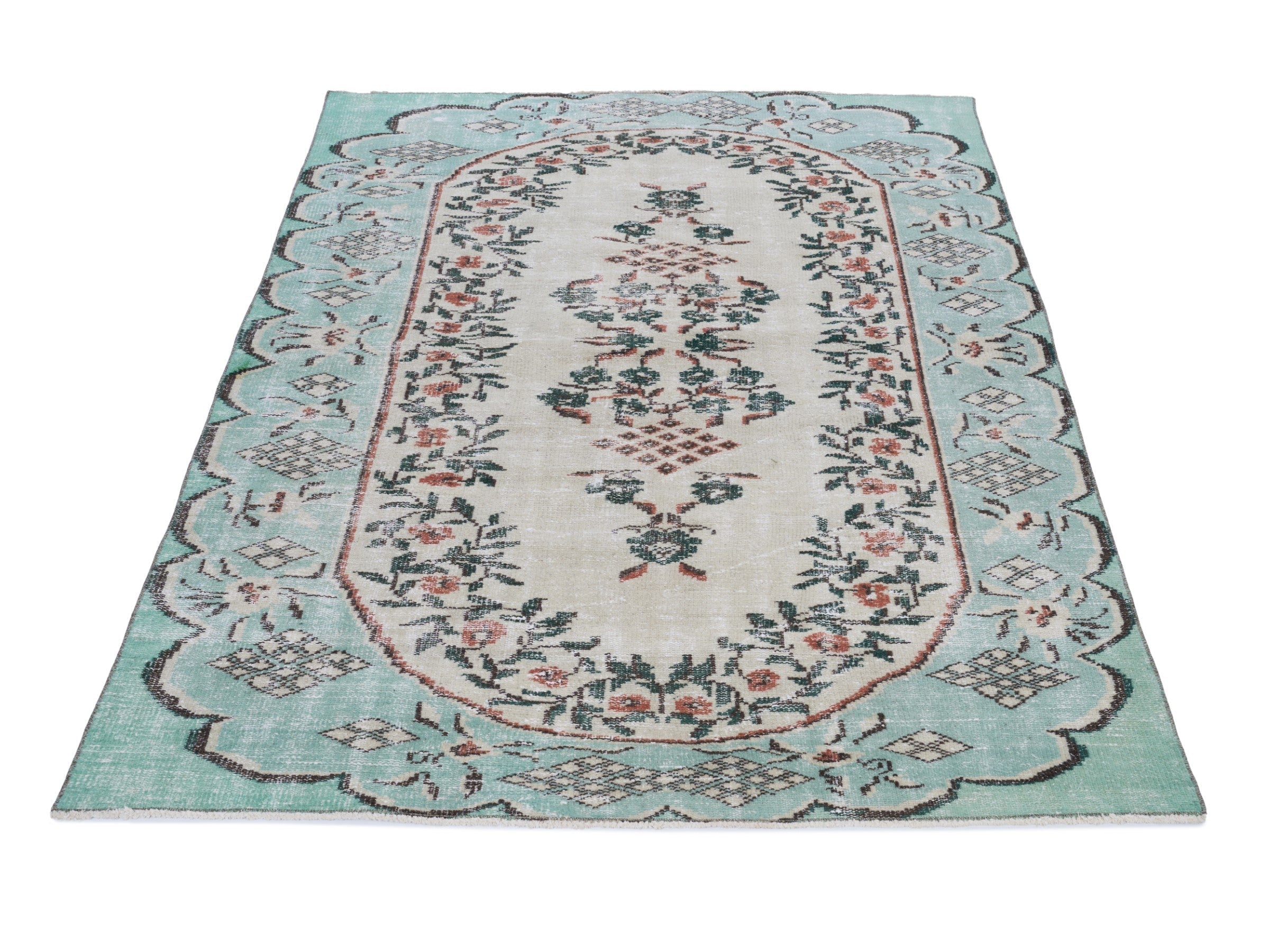 Turkish Manisa area rug in cream and turquoise, view 2 of 10