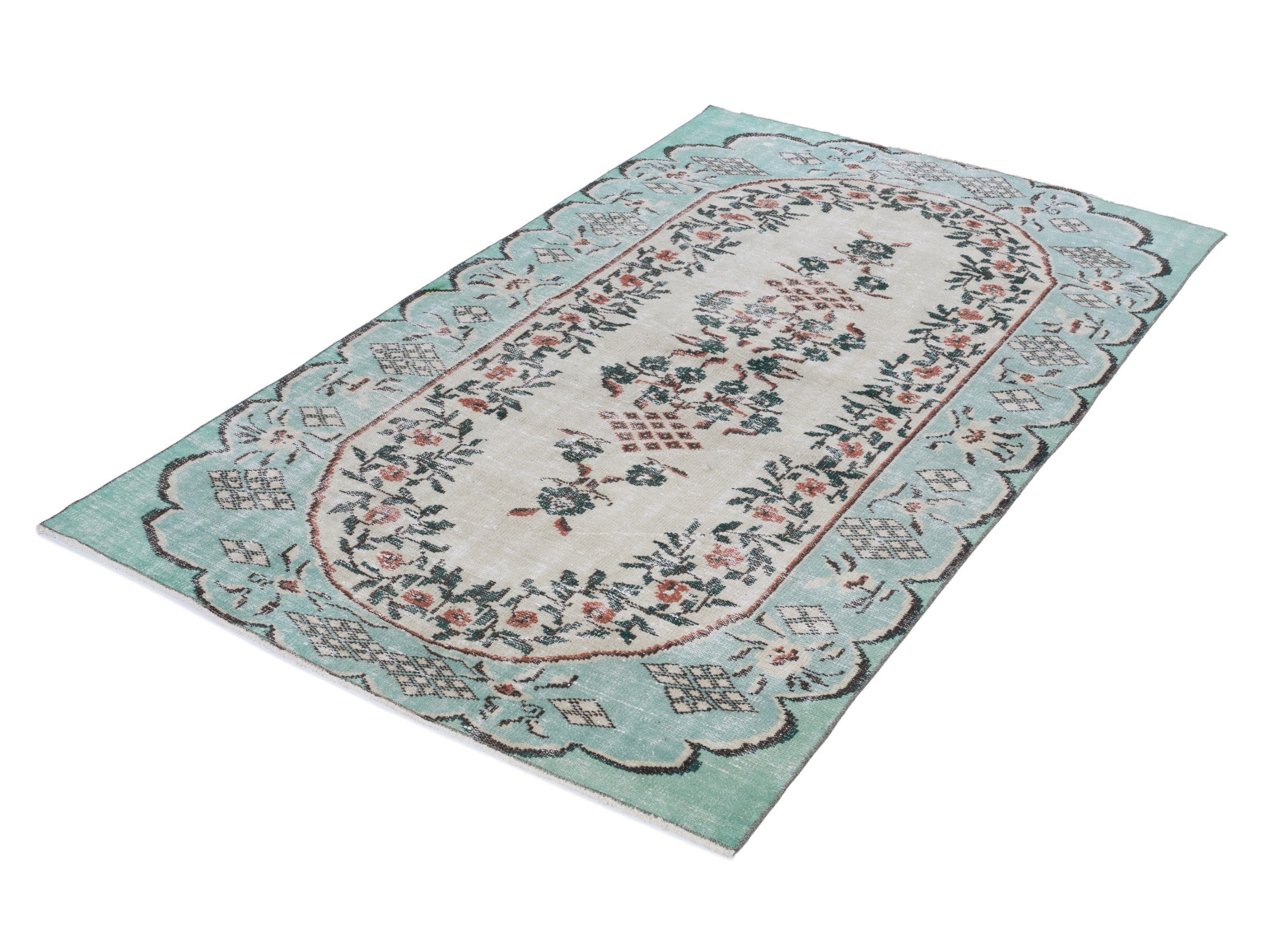 Turkish Manisa area rug in cream and turquoise, view 3 of 10