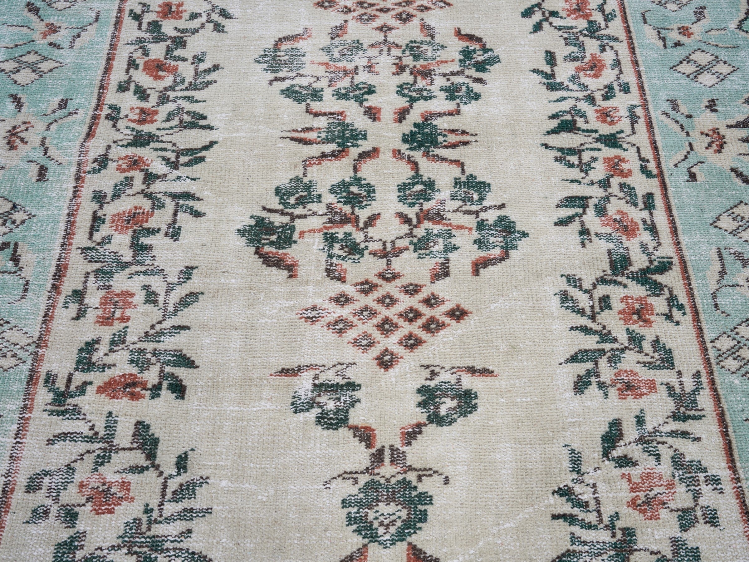 Turkish Manisa area rug in cream and turquoise, view 4 of 10