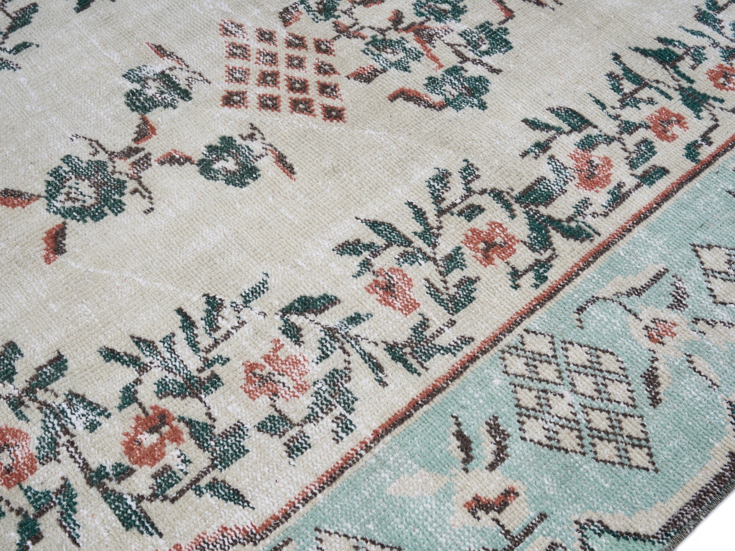 Turkish Manisa area rug in cream and turquoise, view 5 of 10