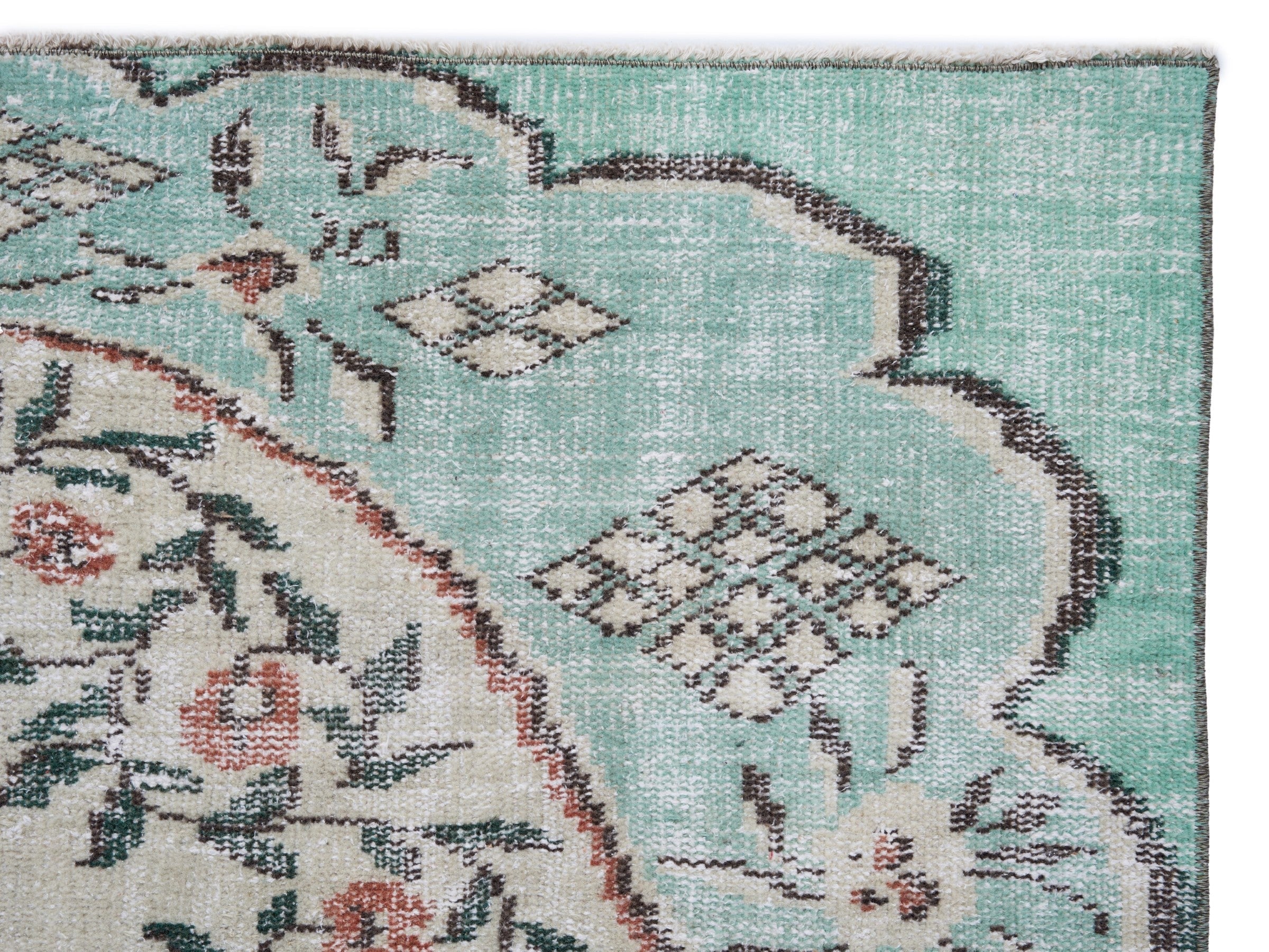 Turkish Manisa area rug in cream and turquoise, view 8 of 10