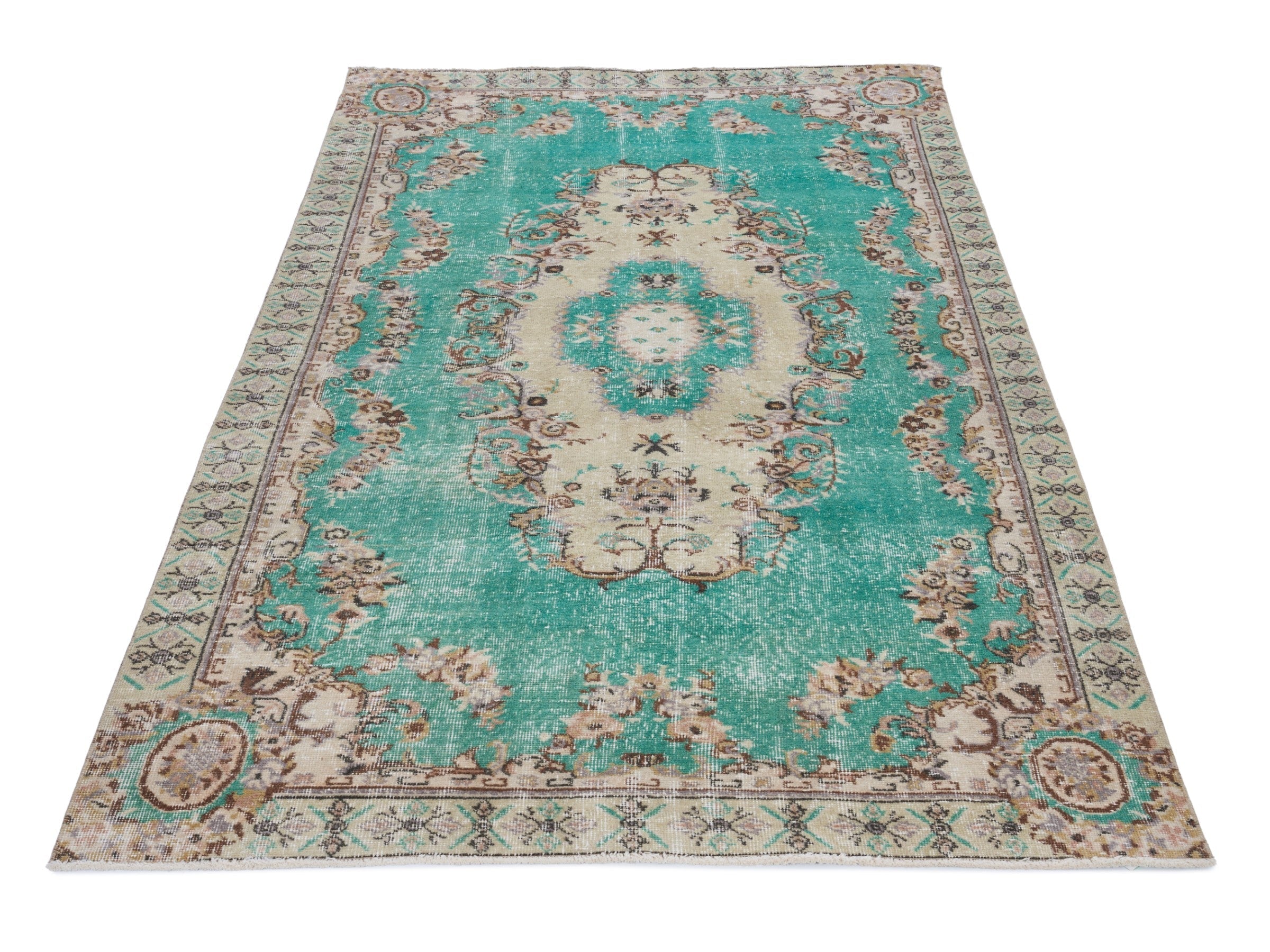 Turkish Isparta area rug in turquoise and cream, view 2 of 9
