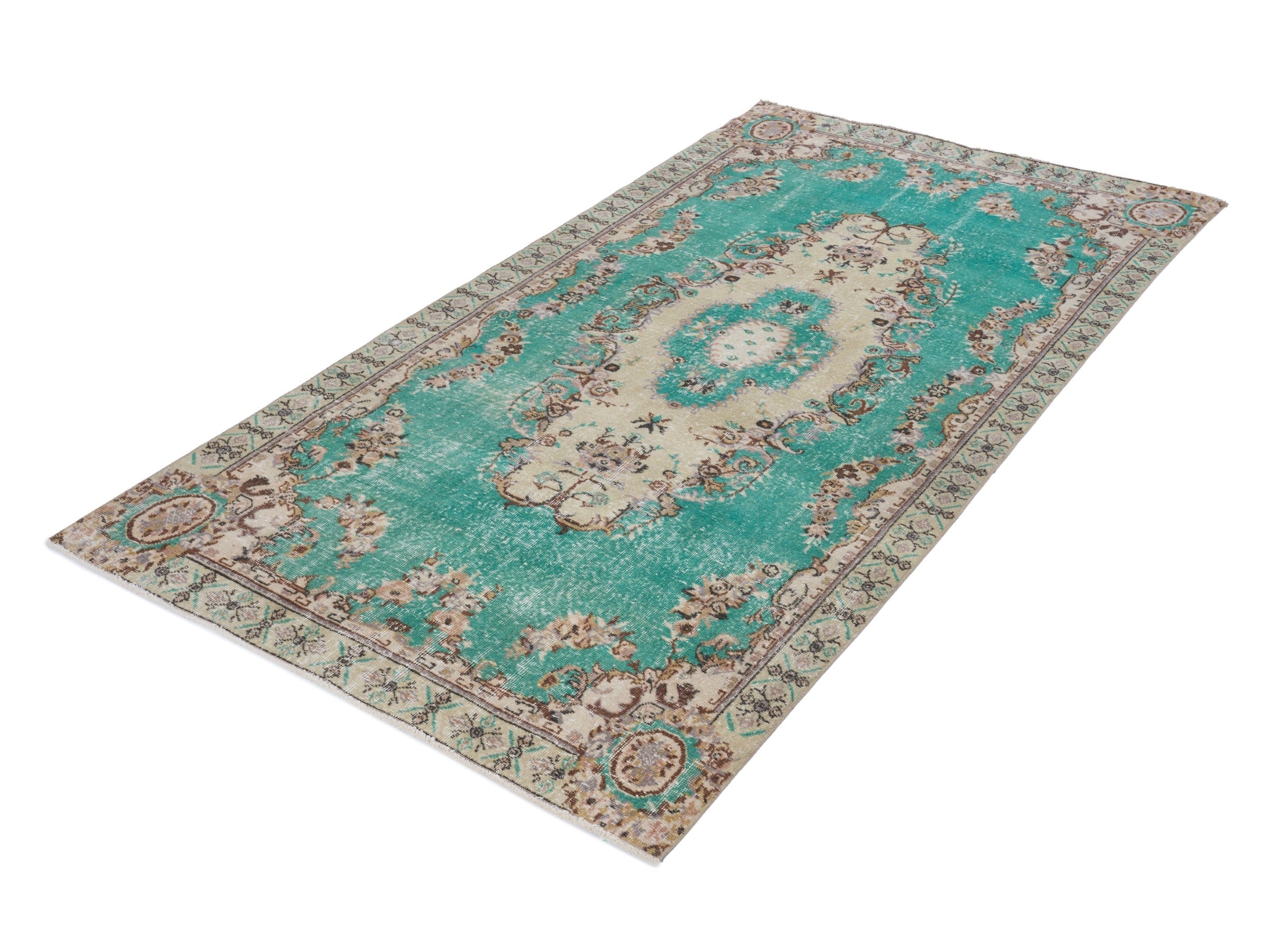 Turkish Isparta area rug in turquoise and cream, view 3 of 9