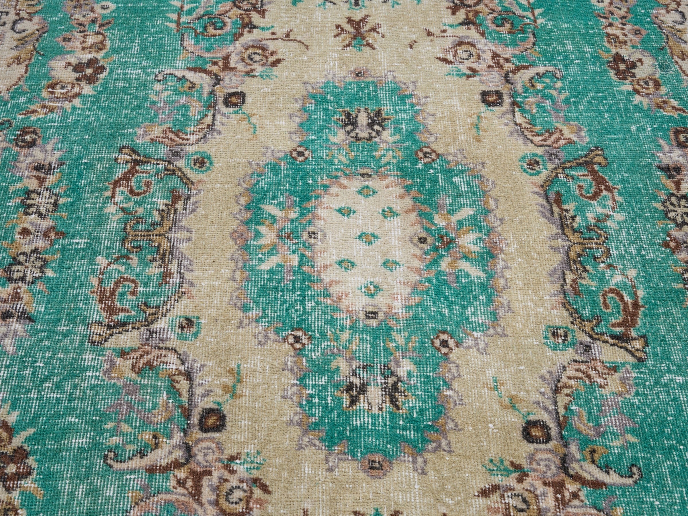 Turkish Isparta area rug in turquoise and cream, view 4 of 9