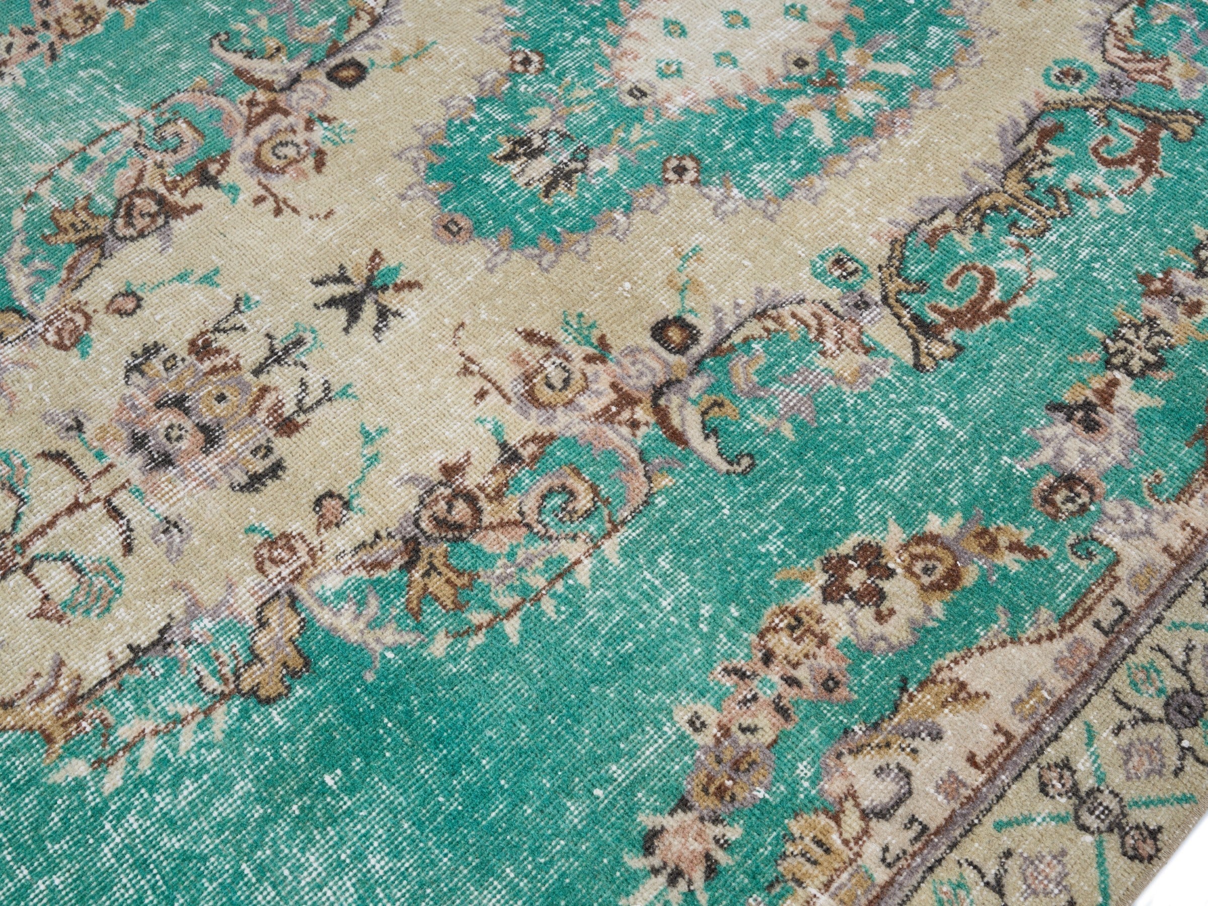 Turkish Isparta area rug in turquoise and cream, view 5 of 9
