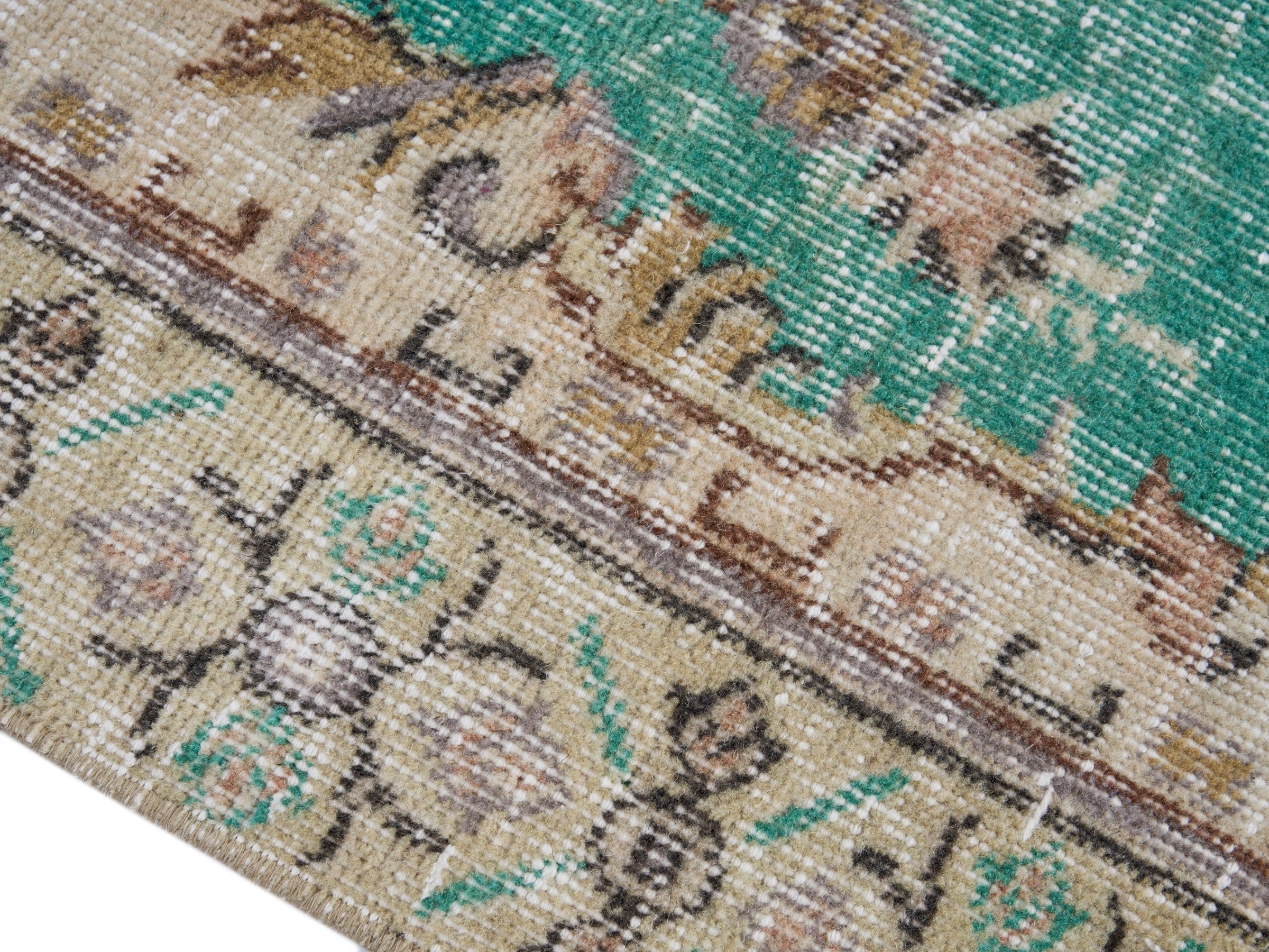 Turkish Isparta area rug in turquoise and cream, view 6 of 9