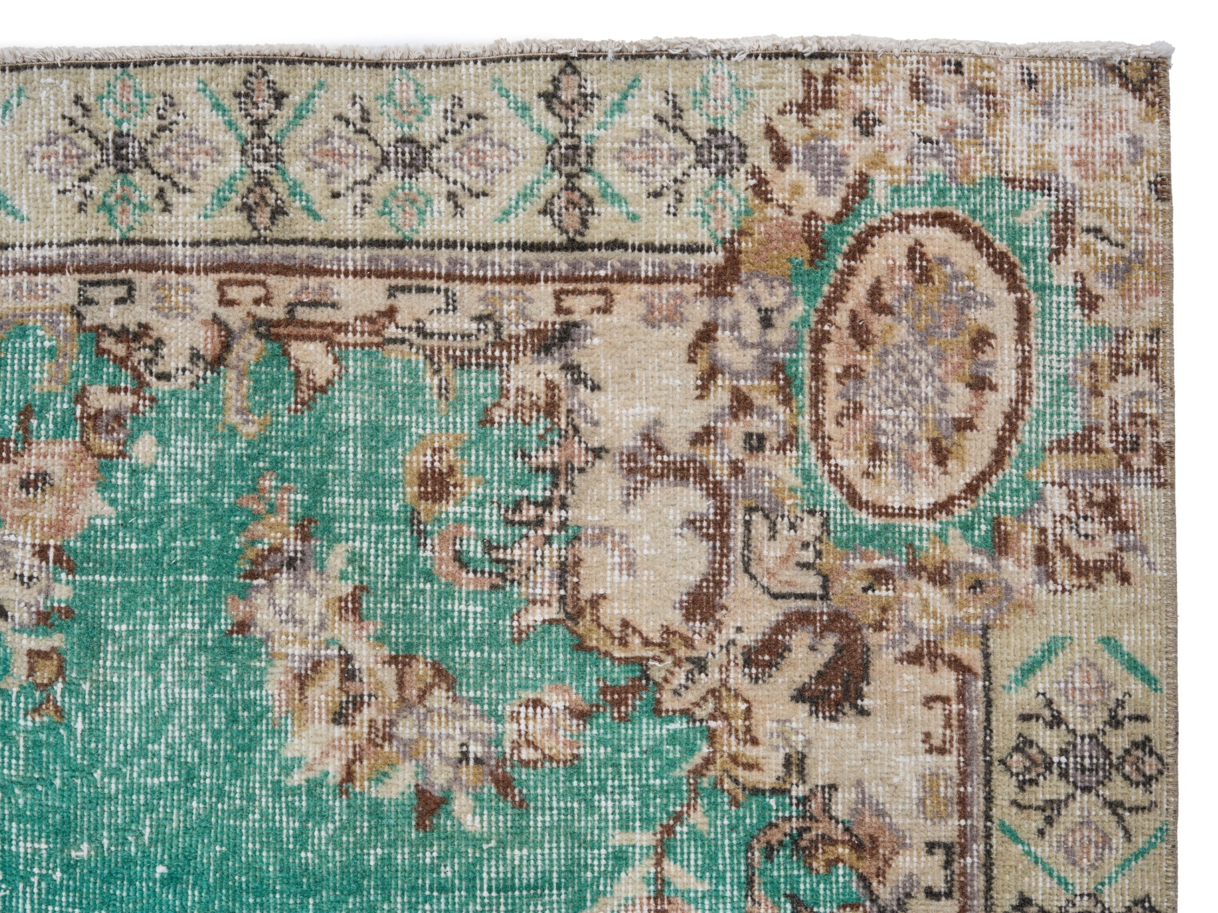 Turkish Isparta area rug in turquoise and cream, view 8 of 9