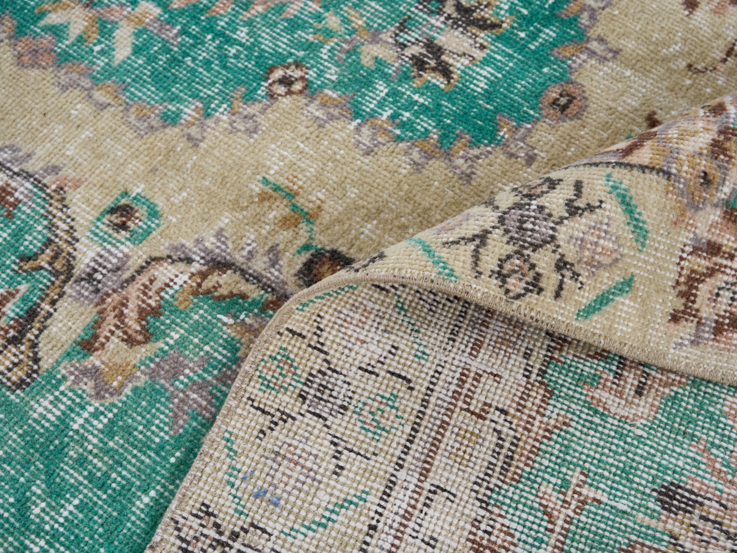 Turkish Isparta area rug in turquoise and cream, view 9 of 9