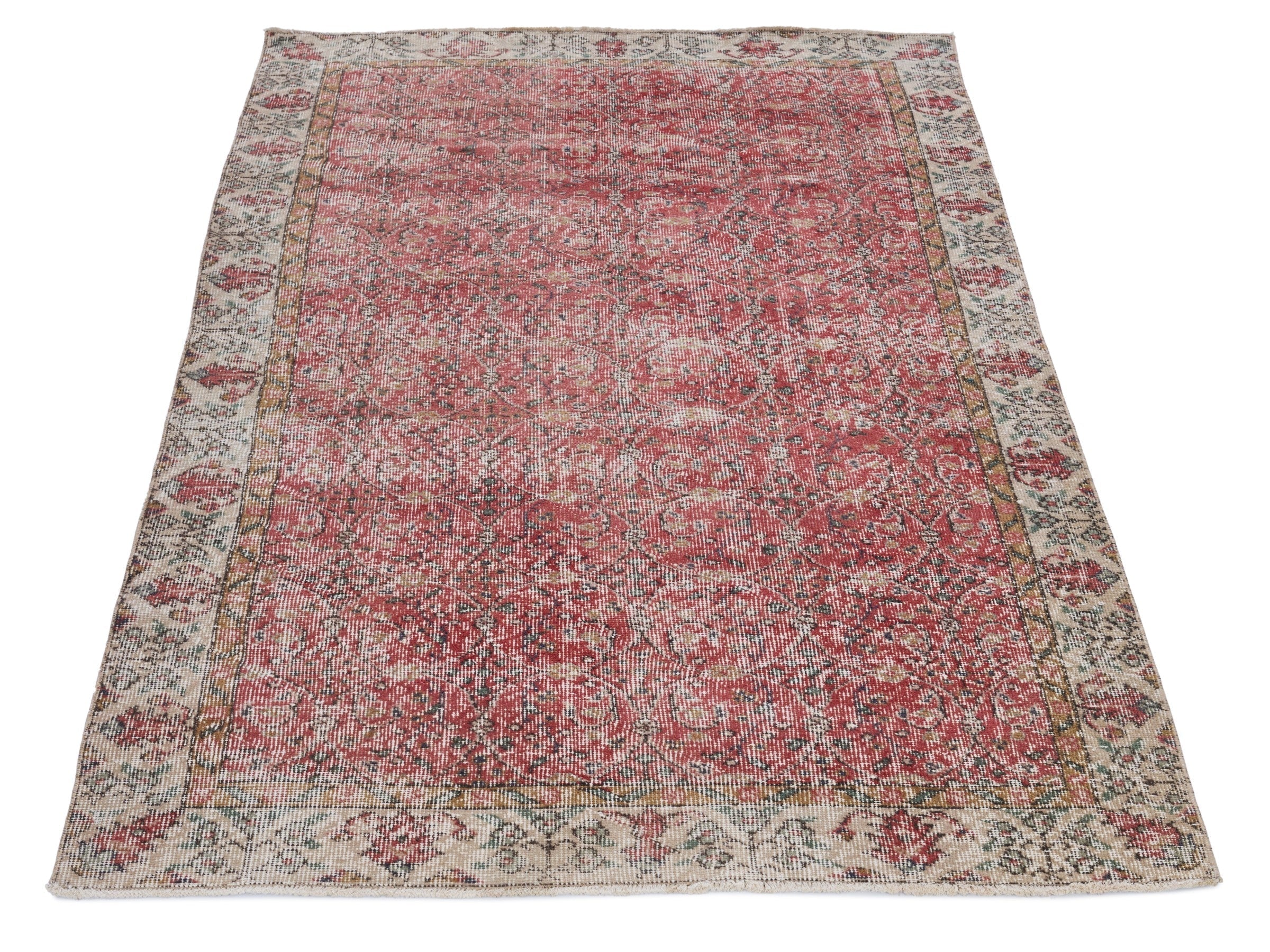 Turkish Isparta area rug in faded red and greige, view 2 of 10